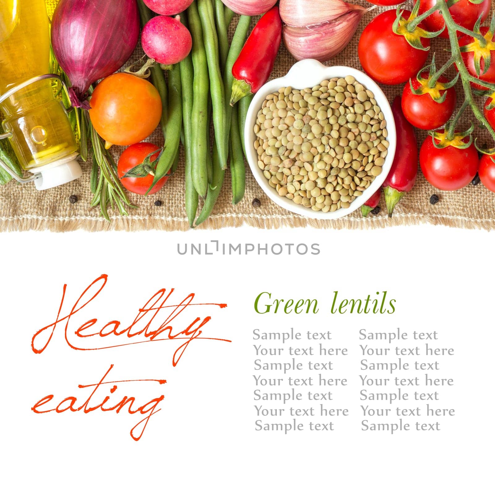 Green lentils in bowl and vegetables isolated on white