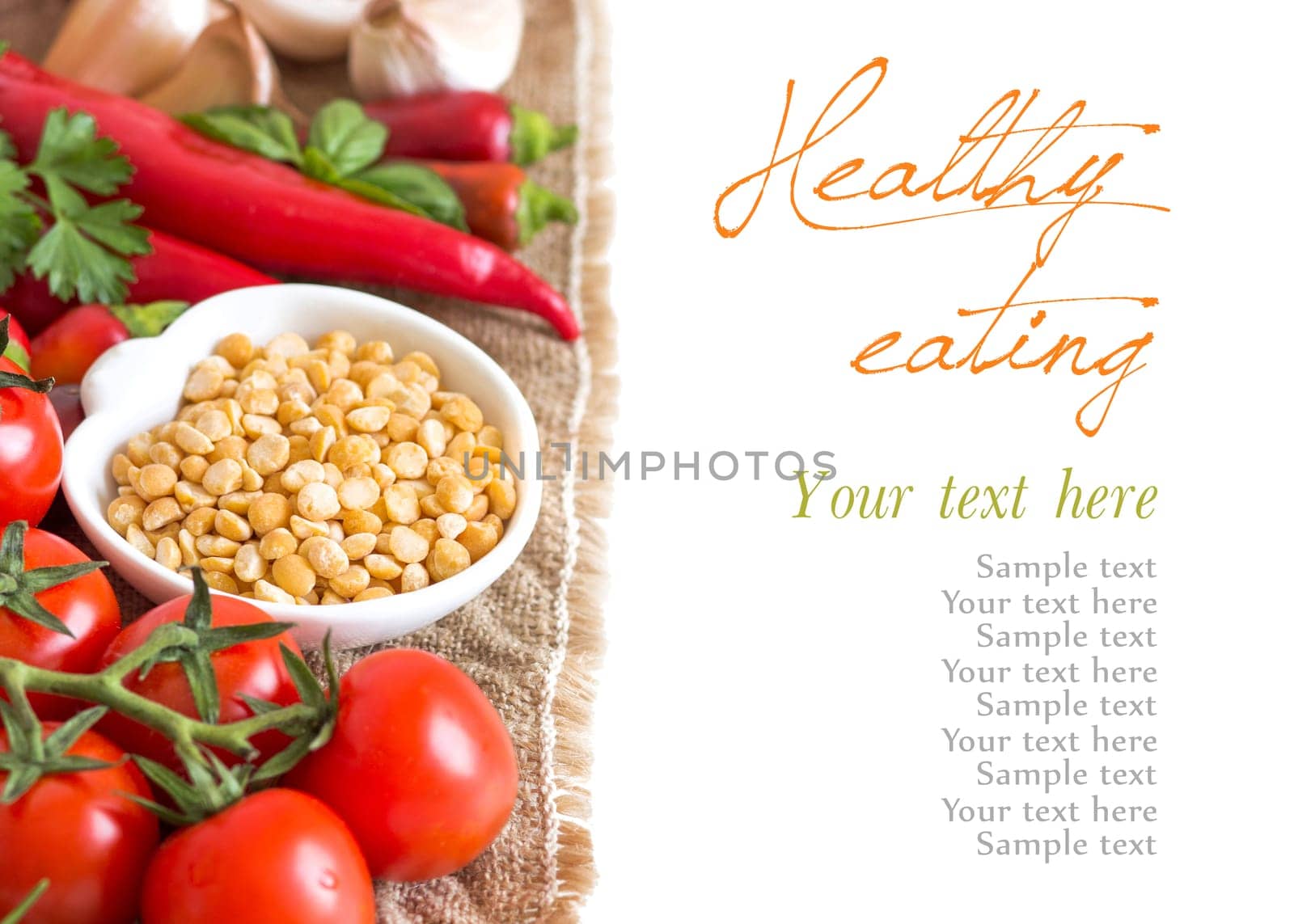 Vegetables and yellow peas on a white background