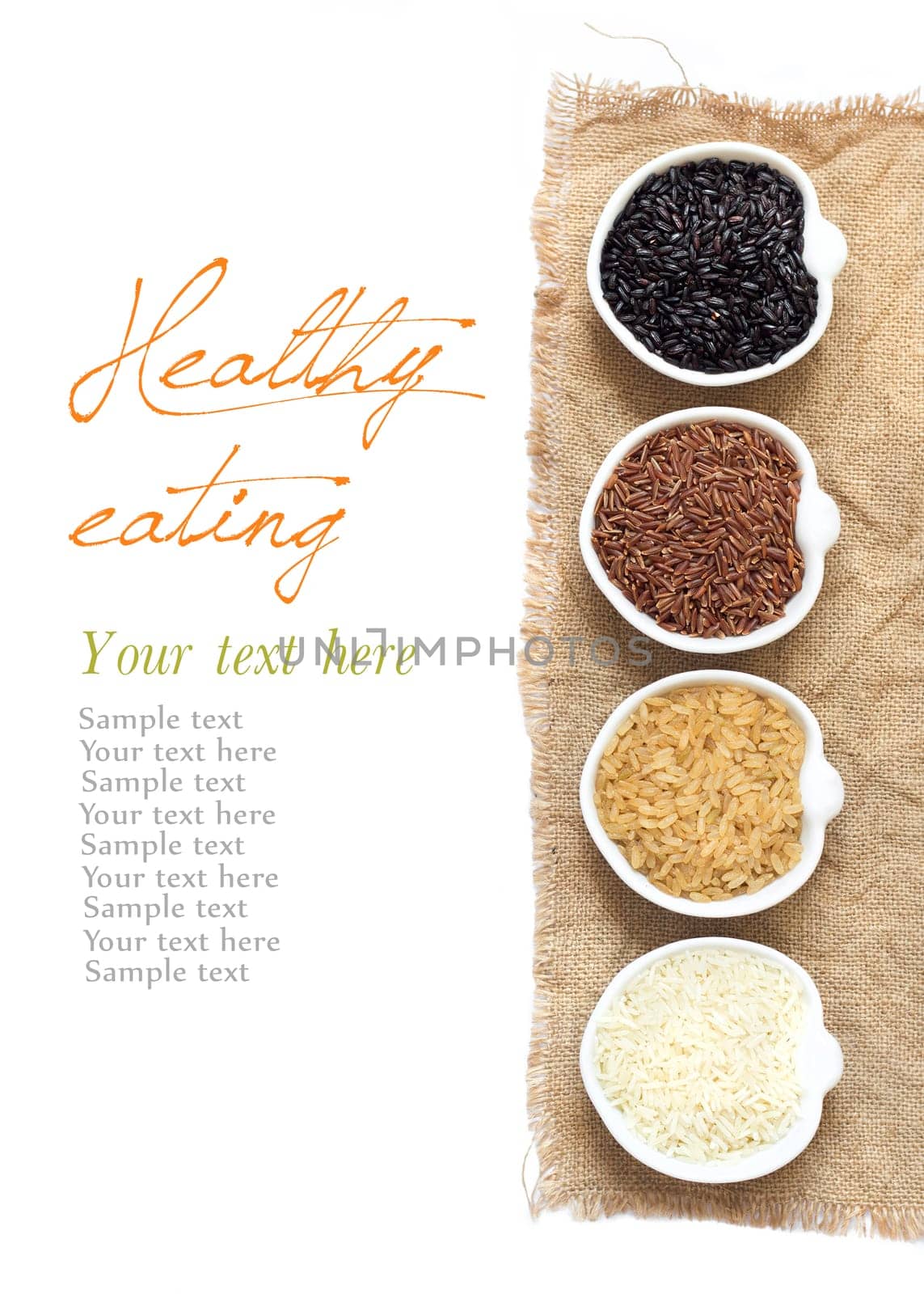 Variety of rice in bowls isolated on white