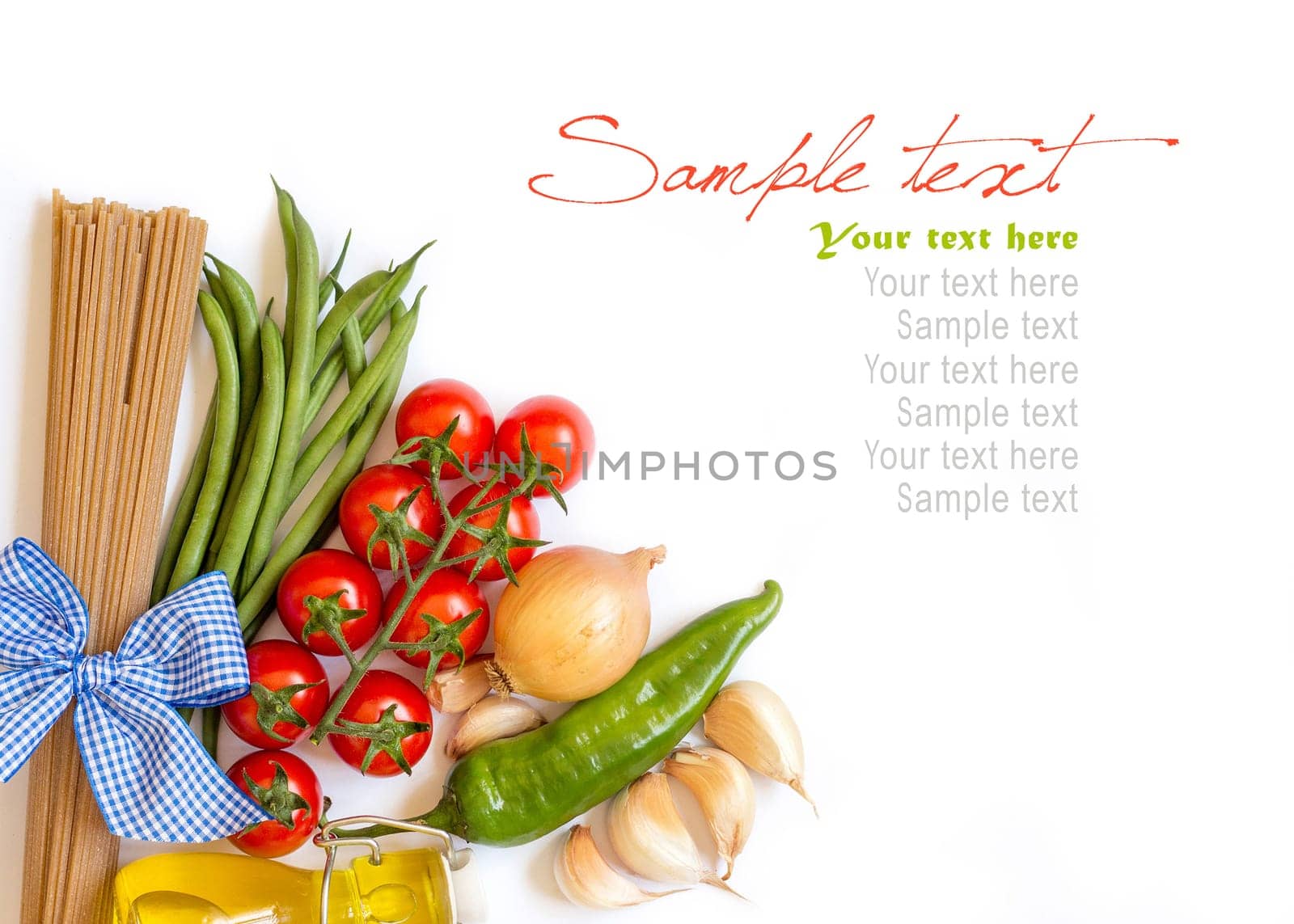 Italian Pasta with tomatoes, green beans, onion, garlic and olive oil on a white background (with space for text)