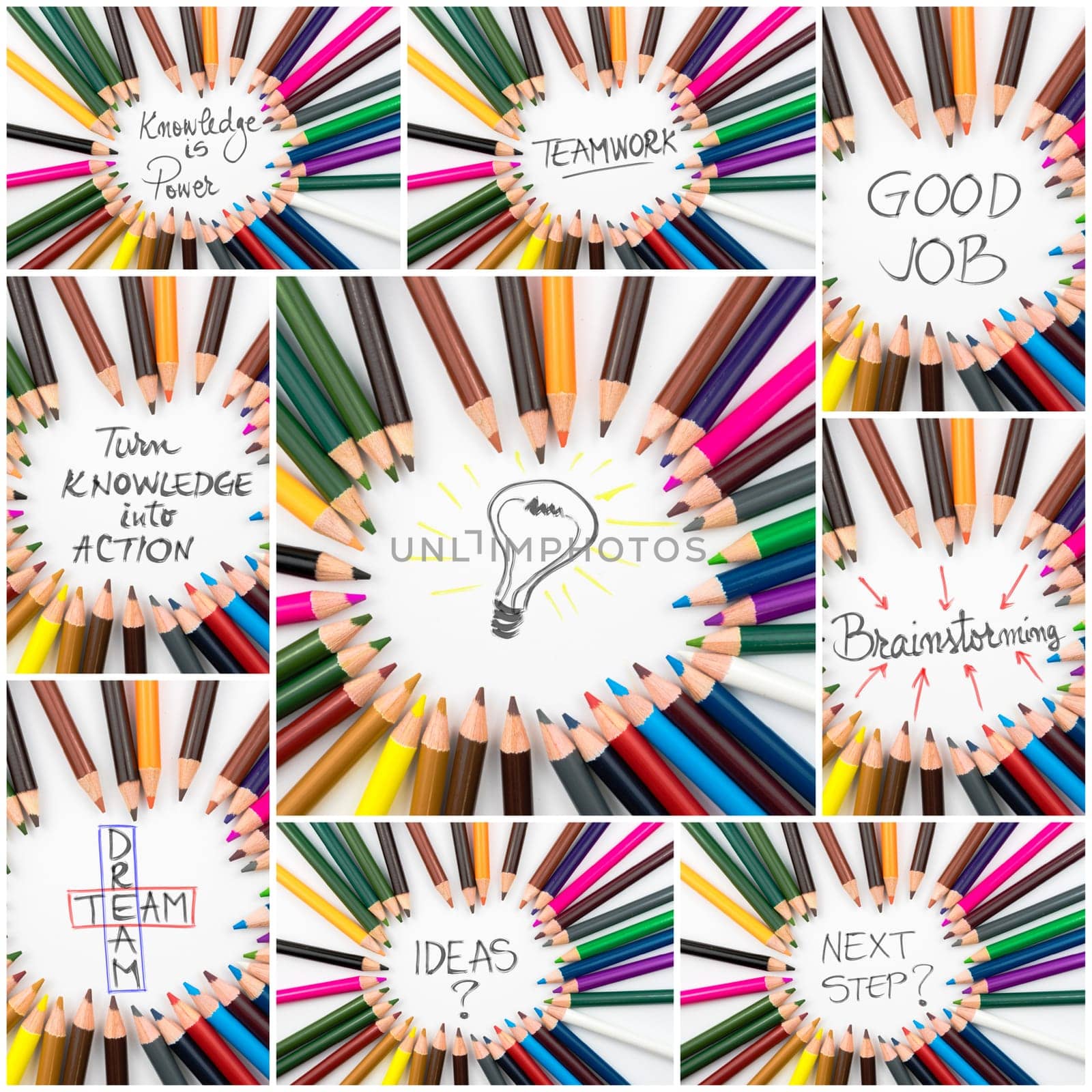 Photo collage of Close up macro shot over colouring pencils in circle arrangement, TeamWork and Brainstorming conceptual images