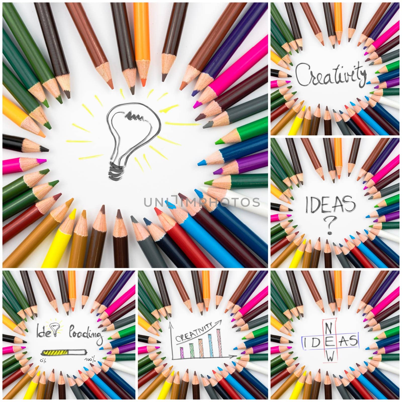 Photo collage of Close up macro shot over colouring pencils in circle arrangement, Creativity conceptual images