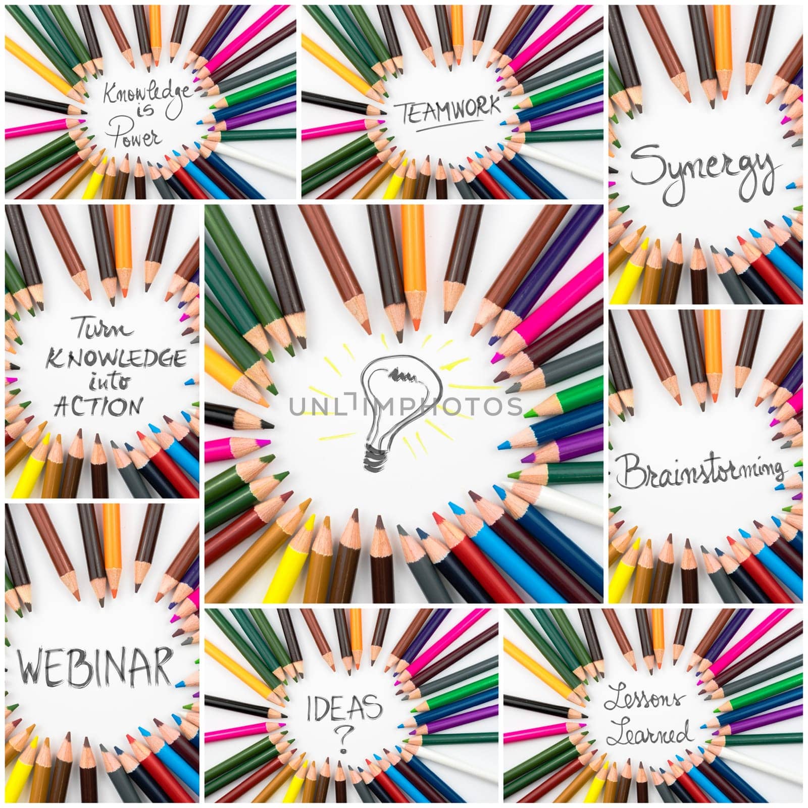 Photo collage of Close up macro shot over colouring pencils in circle arrangement, TeamWork and Brainstorming conceptual images