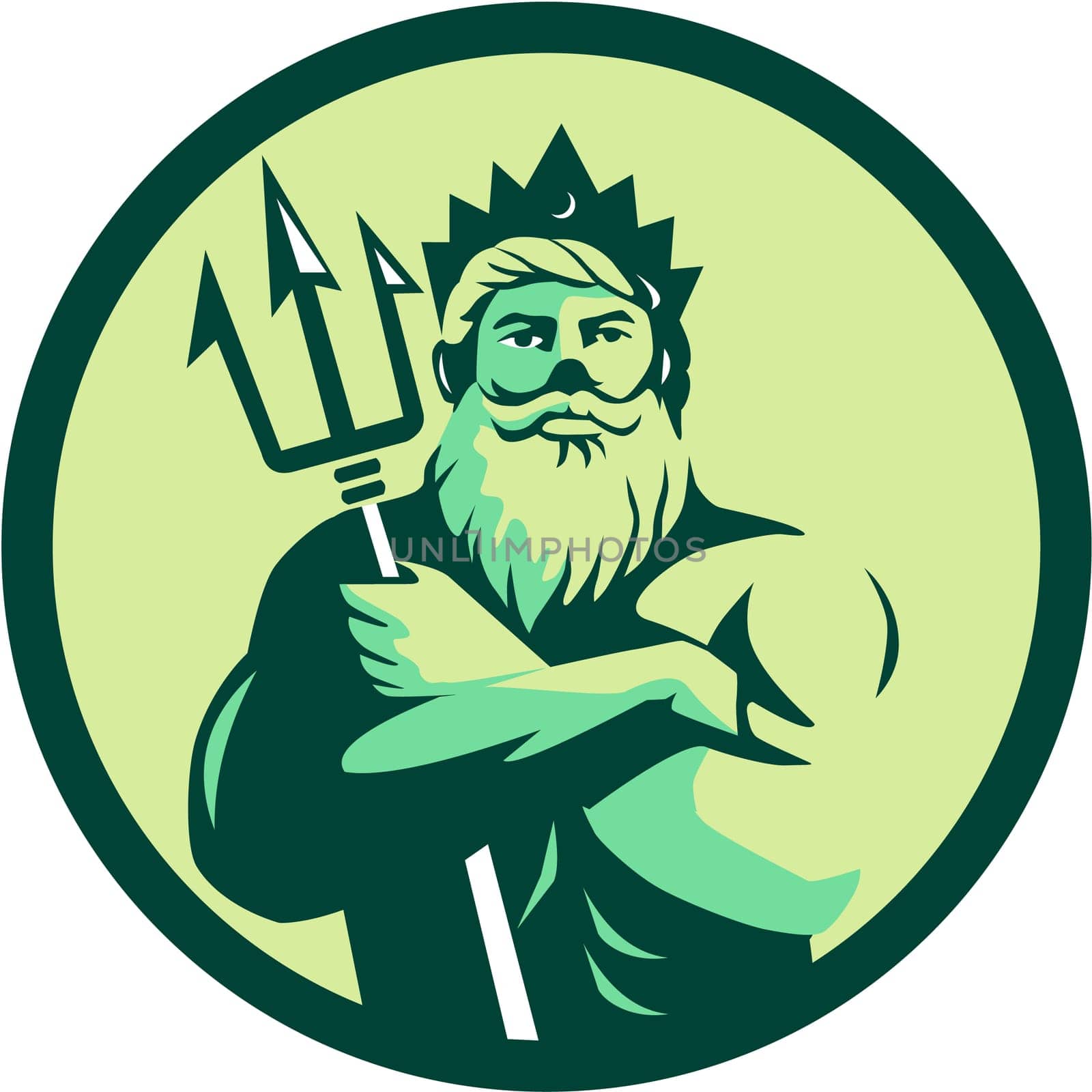 Illustration of triton mythological god arms crossed holding trident viewed from front set inside circle on isolated background done in retro style.
