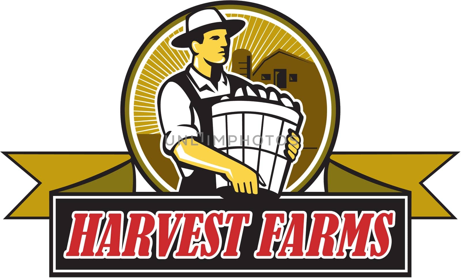 Illustration of an organic farmer carrying basket of harvest crops looking to the side set inside circle with barn and sunburst in the background and the words text Harvest Farms on a ribbon done in retro style.