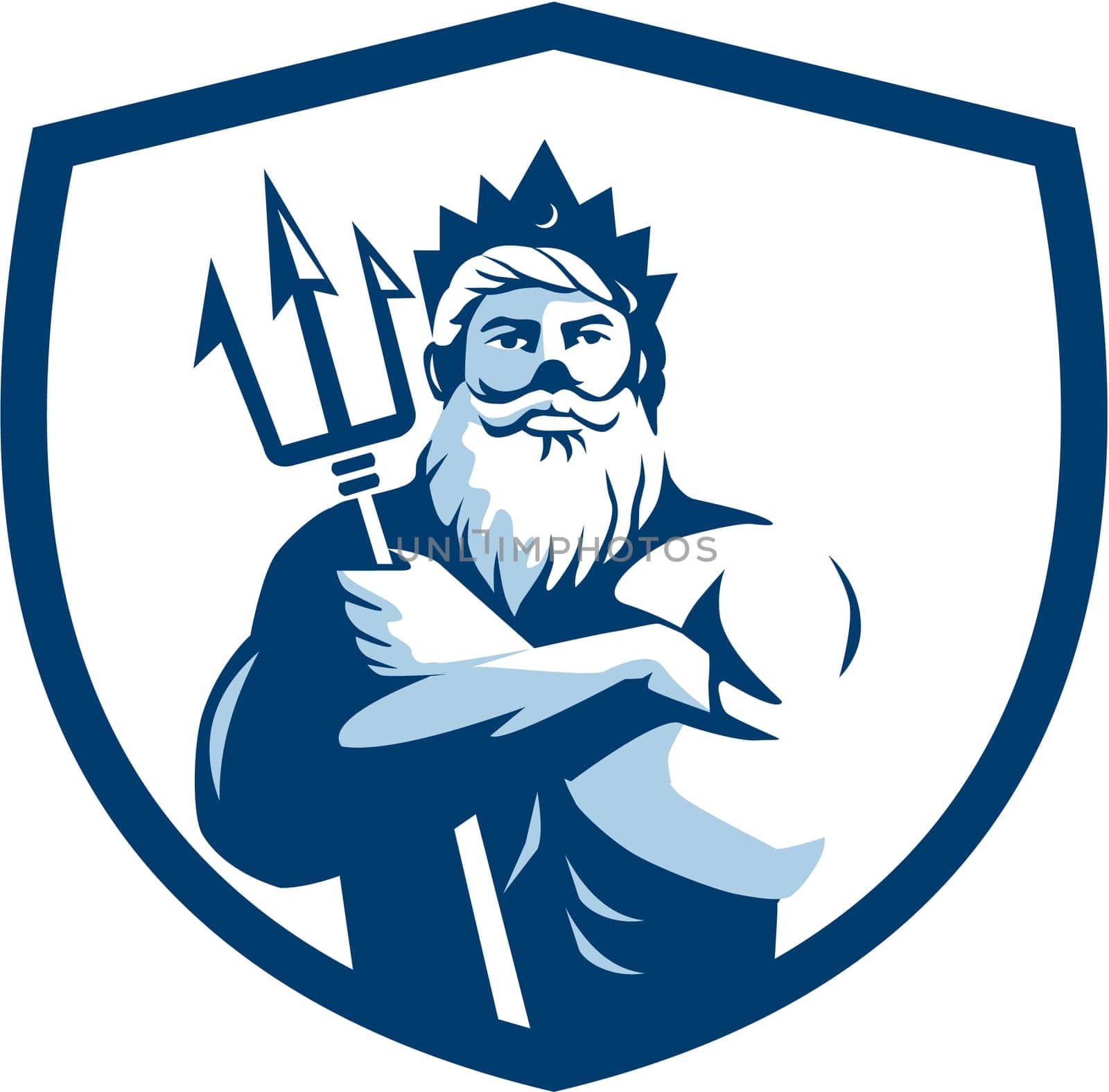 Illustration of triton mythological god arms crossed holding trident viewed from front set inside shield crest on isolated background done in retro style.