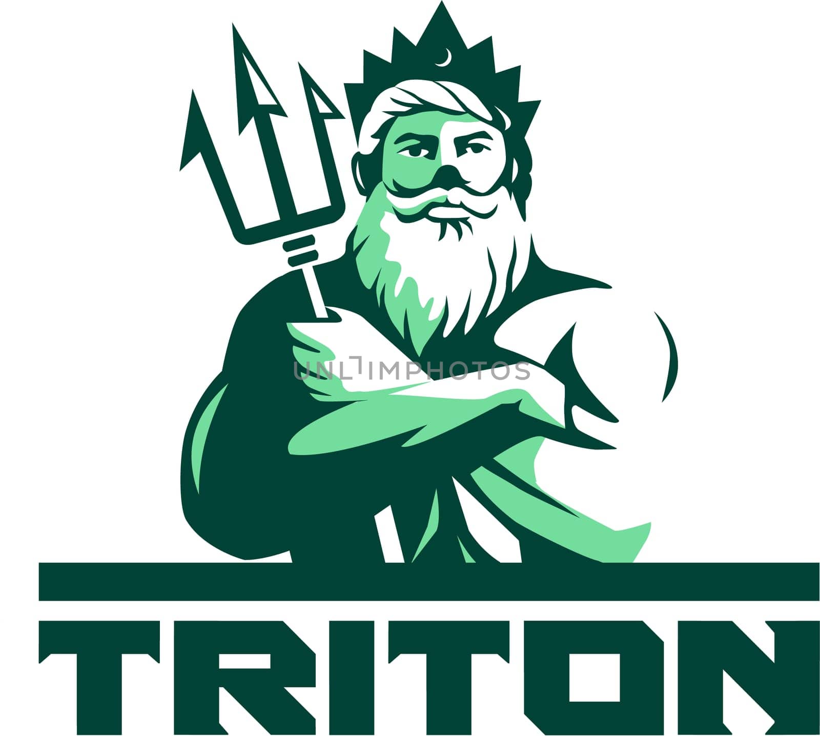 Illustration of triton mythological god arms crossed holding trident viewed from front set on isolated white background with the word text Triton done in retro style.