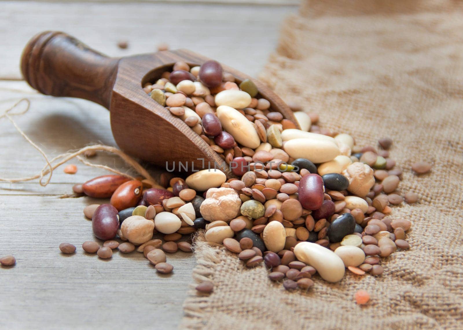 Legumes mix in the wood spoon