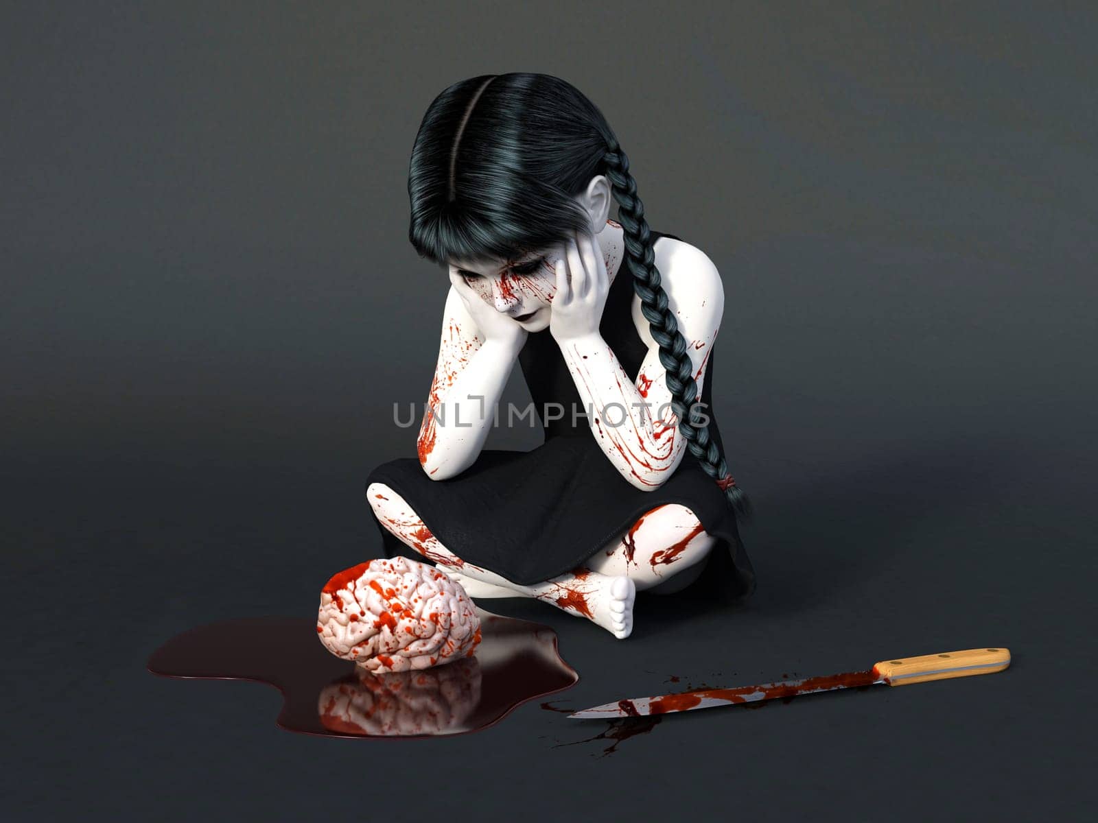 3D rendering of an evil gothic looking, blood covered small girl sitting on the floor with a brain in a puddle of blood in front of her. Dark gray background.