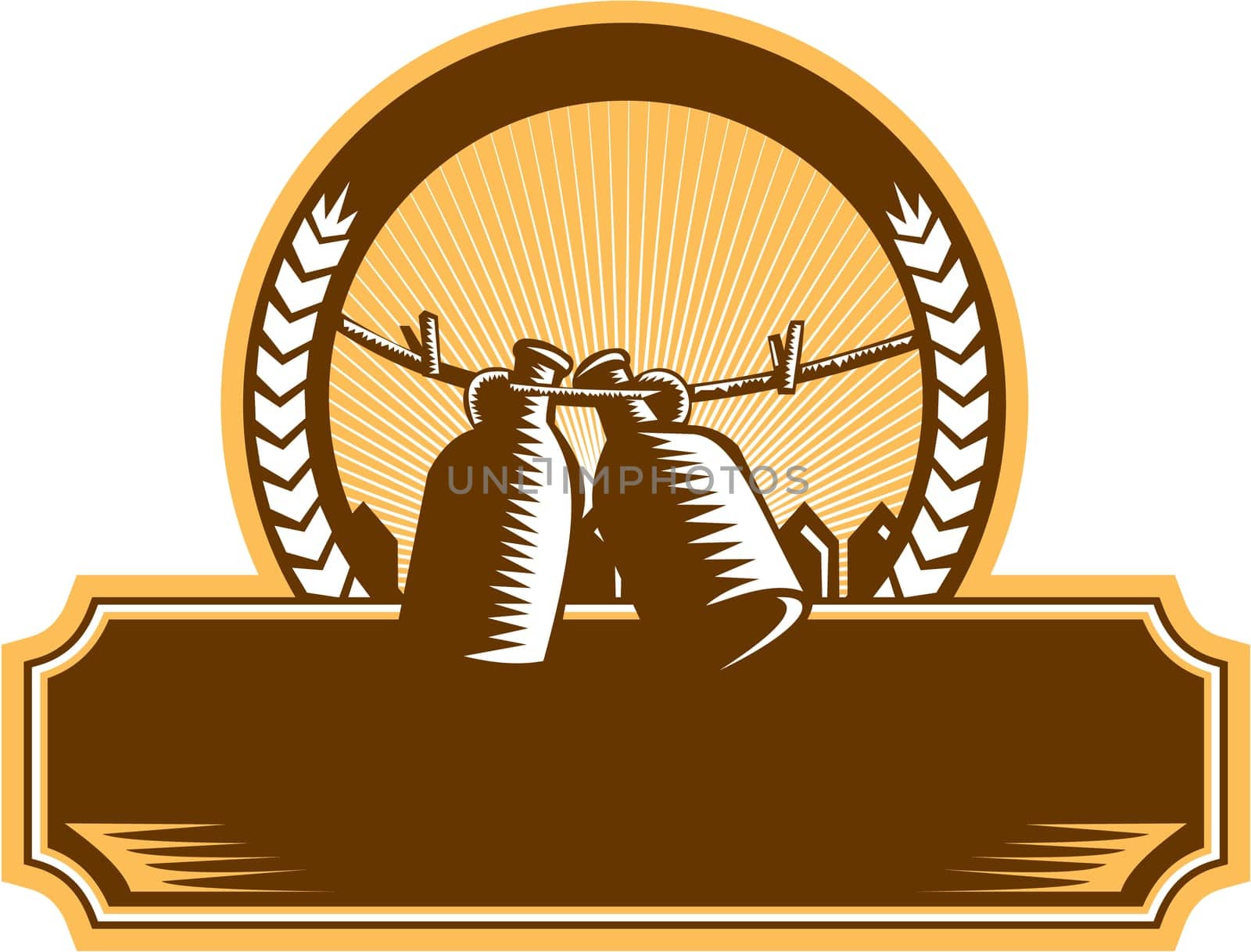 Illustration of a growler, a glass, ceramic, or stainless steel jug used to transport draft beer in the United States hanging on a clothesline set inside circle with picket fence and sunburst in the background done in retro woodcut style.