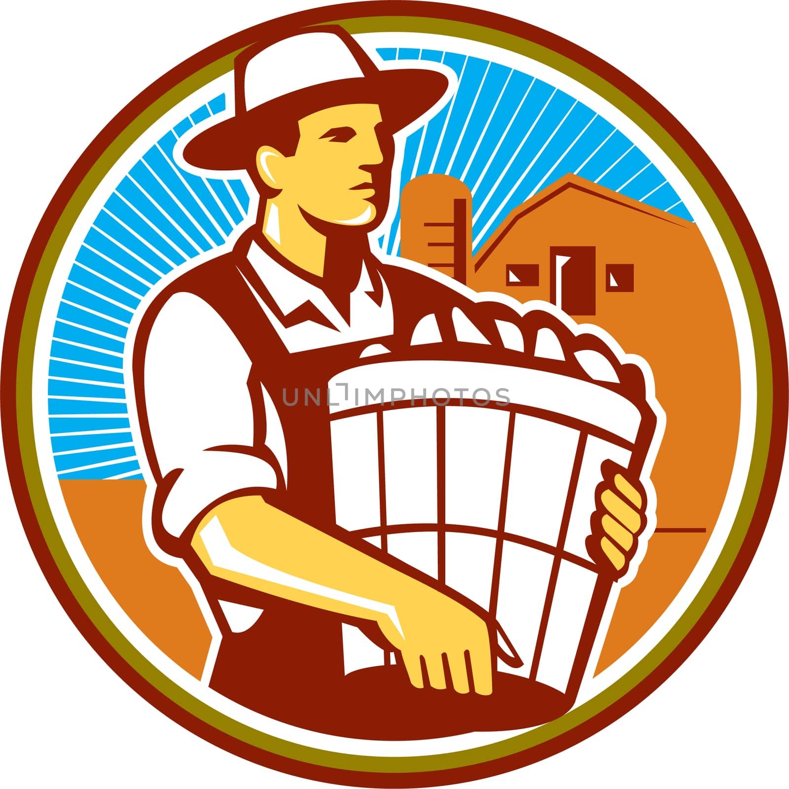 Illustration of an organic farmer wearing hat carrying basket of harvest crops looking to the side set inside circle with barn and sunburst in the background done in retro style.