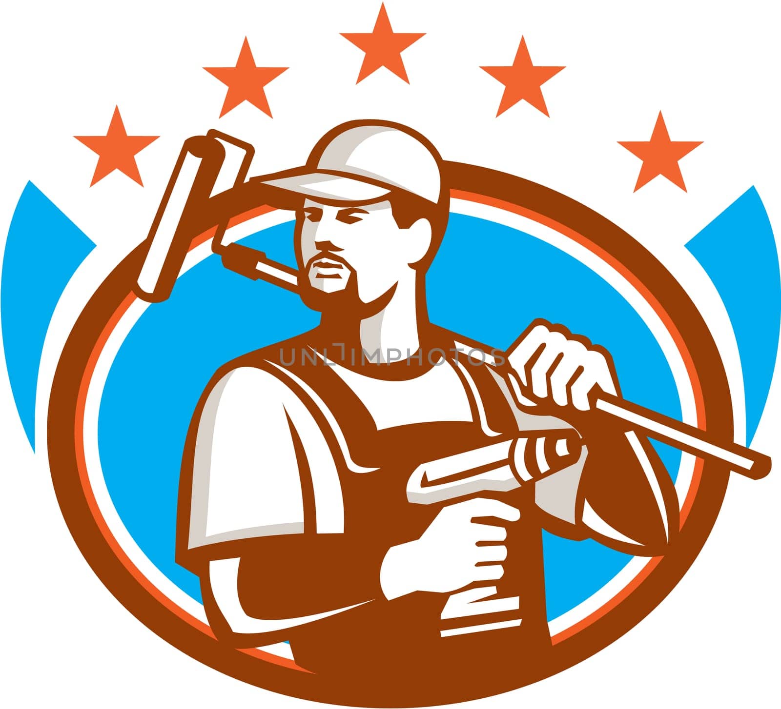 Illustration of a handyman with beard moustache facial hair holding paint roller on shoulder and cordless drill looking to the side set inside oval shape with stars on isolated background done in retro style.