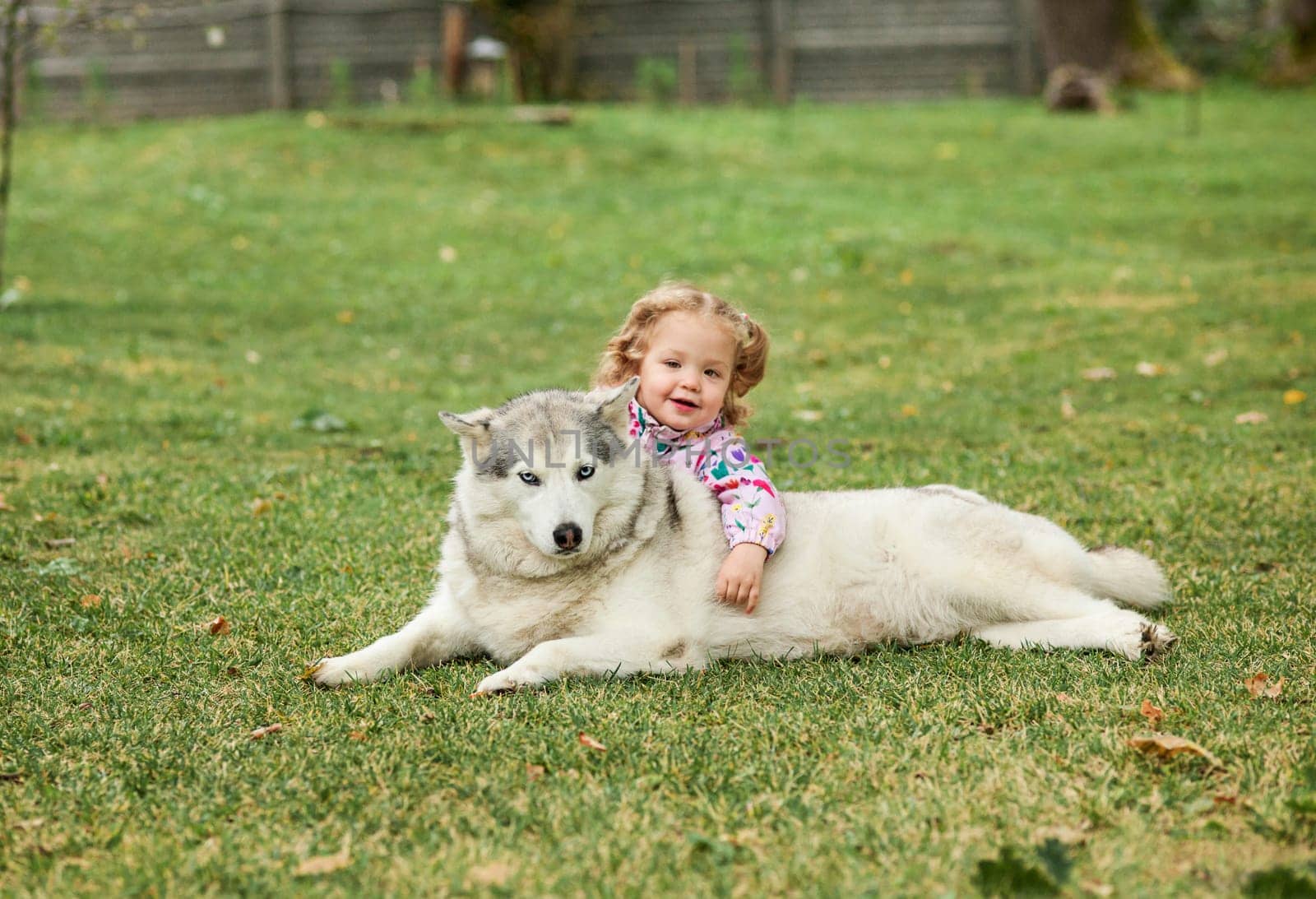 The little baby girl playing with dog against green grass in park