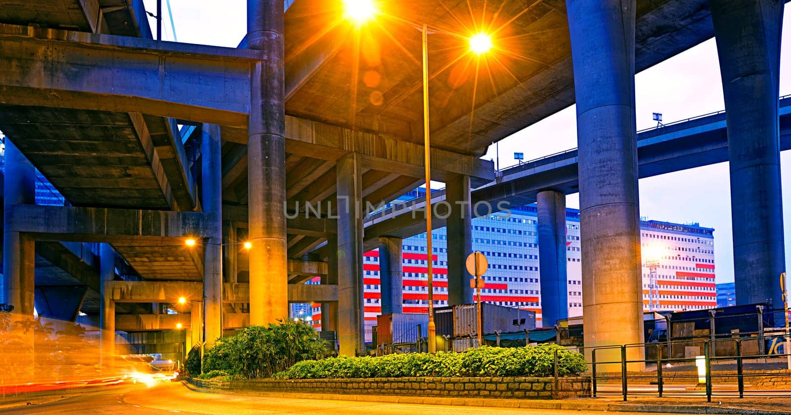 Night landscape , park under highway, Industrial ring, bridge in hong kong city