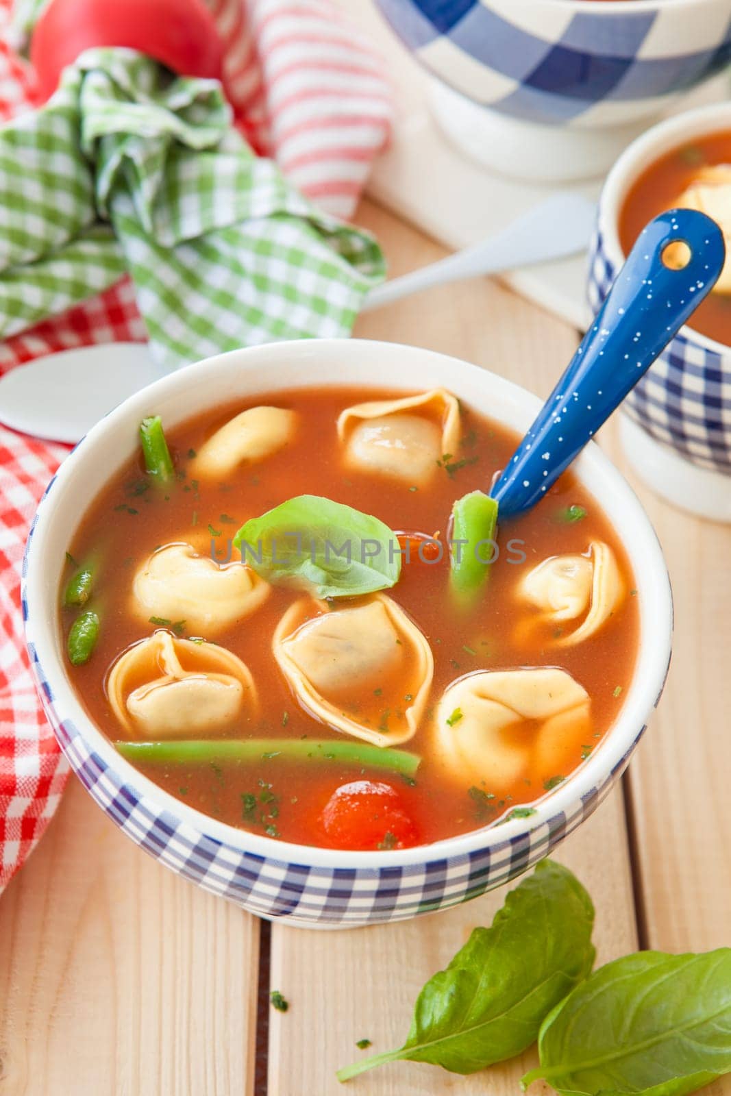 Rustic tomato soup with vegetables and tortellini