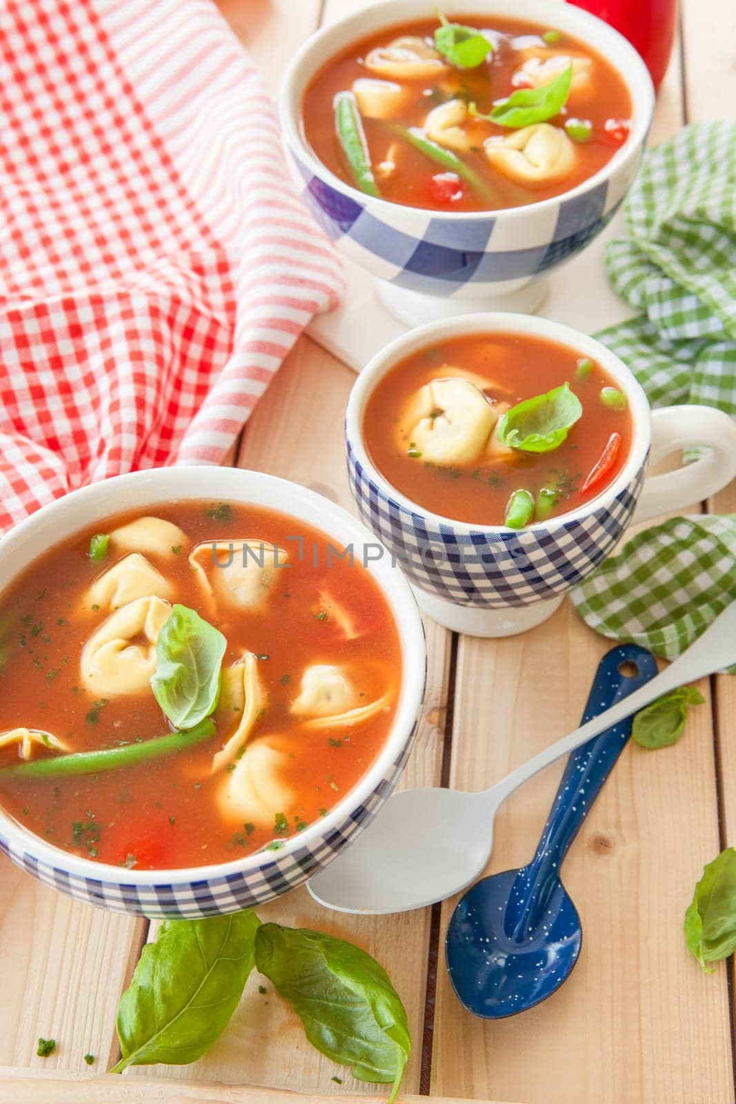 Rustic tomato soup with vegetables and tortellini