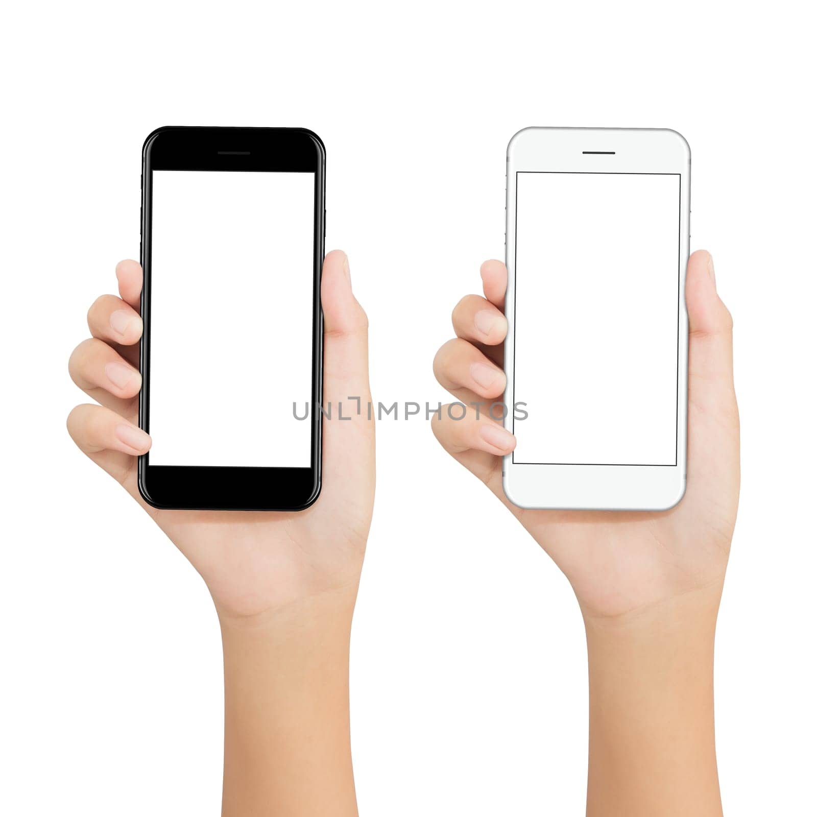 women hold phone showing blank screen display on white background, mockup new phone technology black and white color