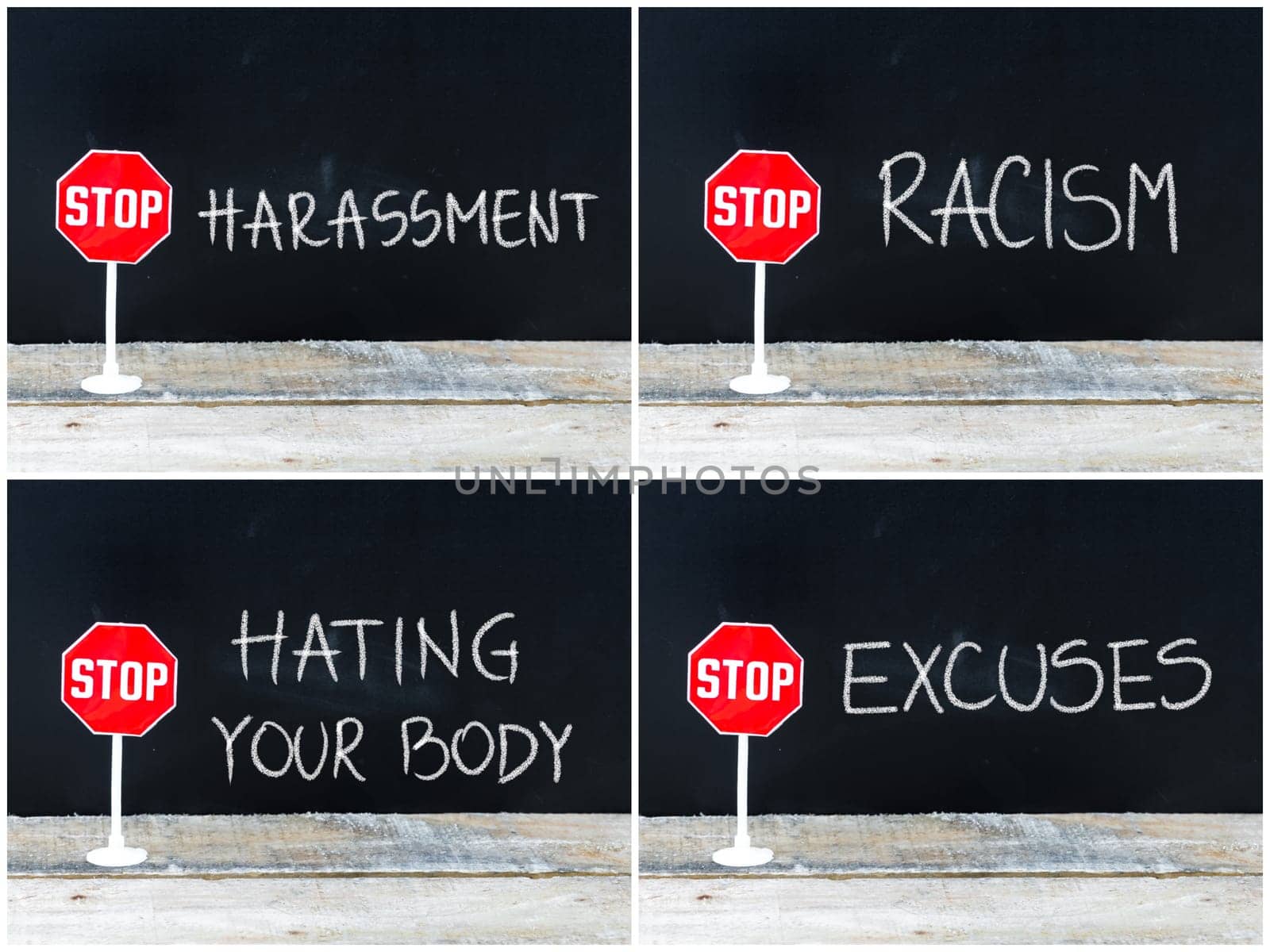 Photo collage of STOP messages written on chalkboard. Mini STOP sign over chalkboard background and table, concept images