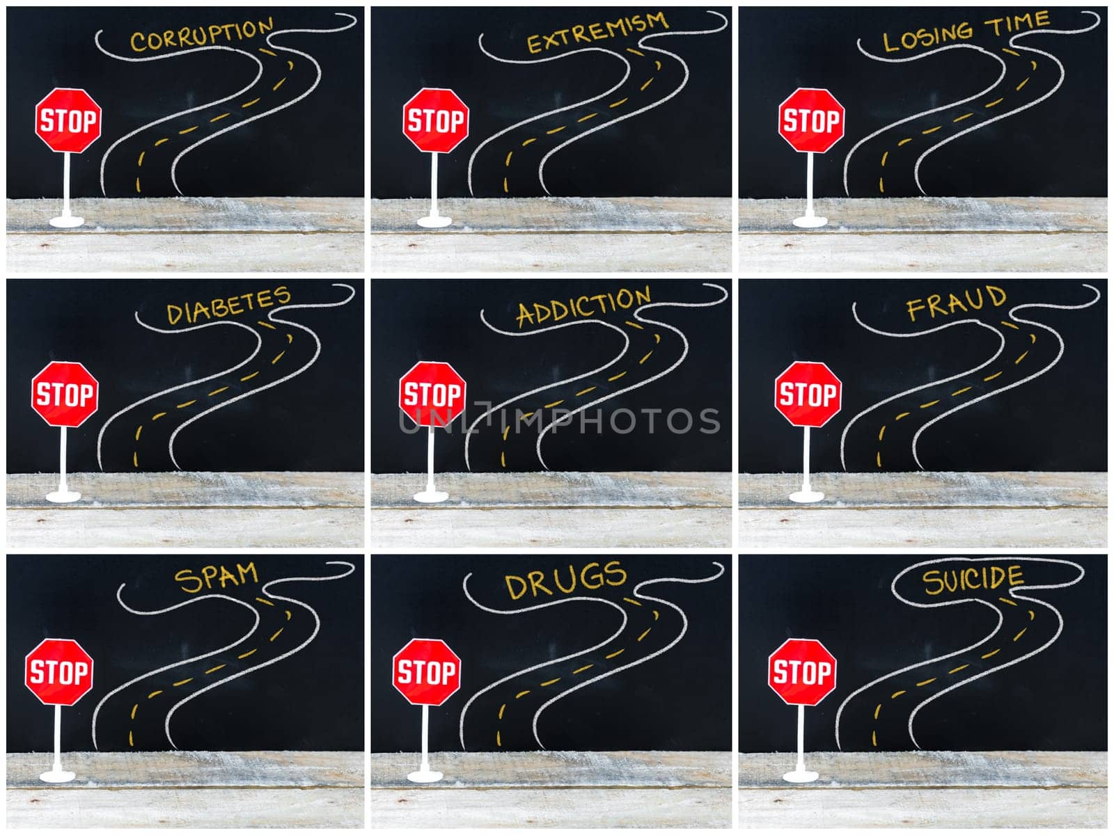 Photo collage of STOP signs on the road to CORRUPTION, EXTREMISM, LOSING TIME, DIABETES, ADDICTION, FRAUD, SPAM, DRUGS, SUICIDE. Hand drawing over chalkboard