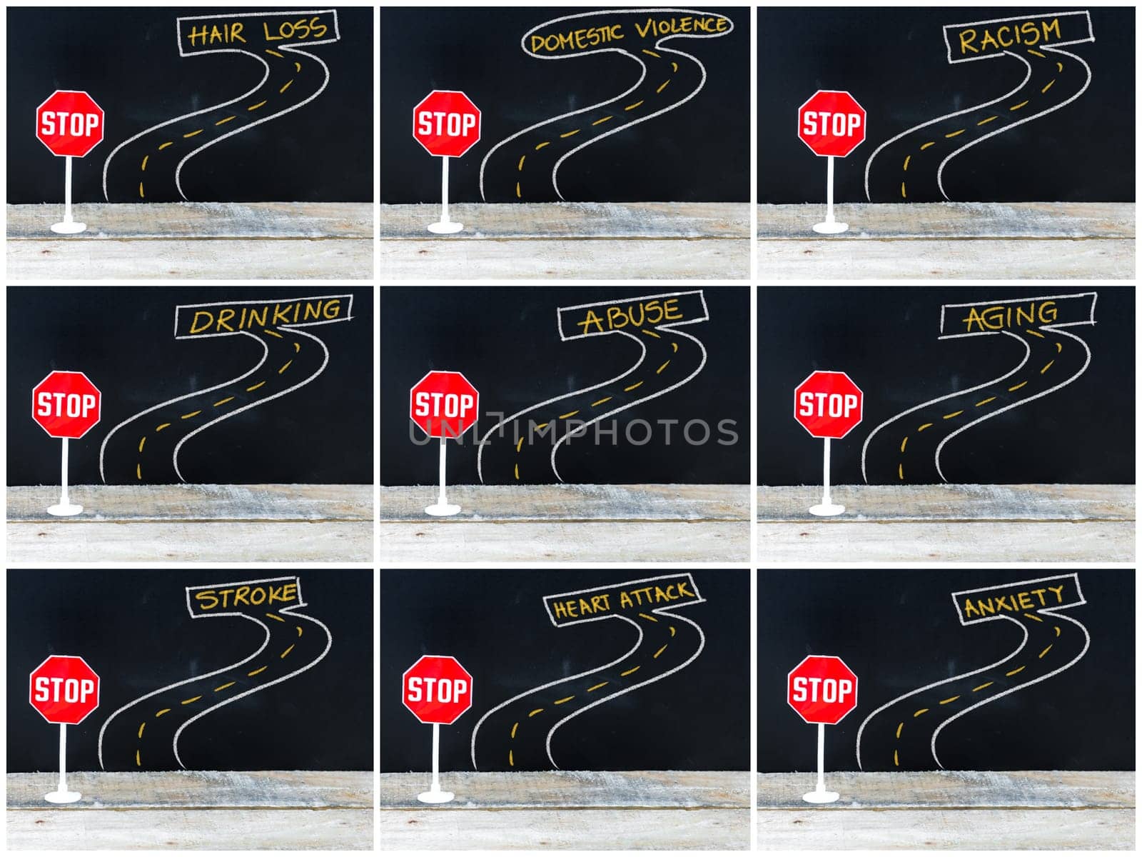 Photo collage of STOP signs on the road to HAIR LOSS, DOMESTIC VIOLENCE, RACISM, DRINKING, ABUSE, AGING, STROKE, HEART ATTACK, ANXIETY . Hand drawing over chalkboard