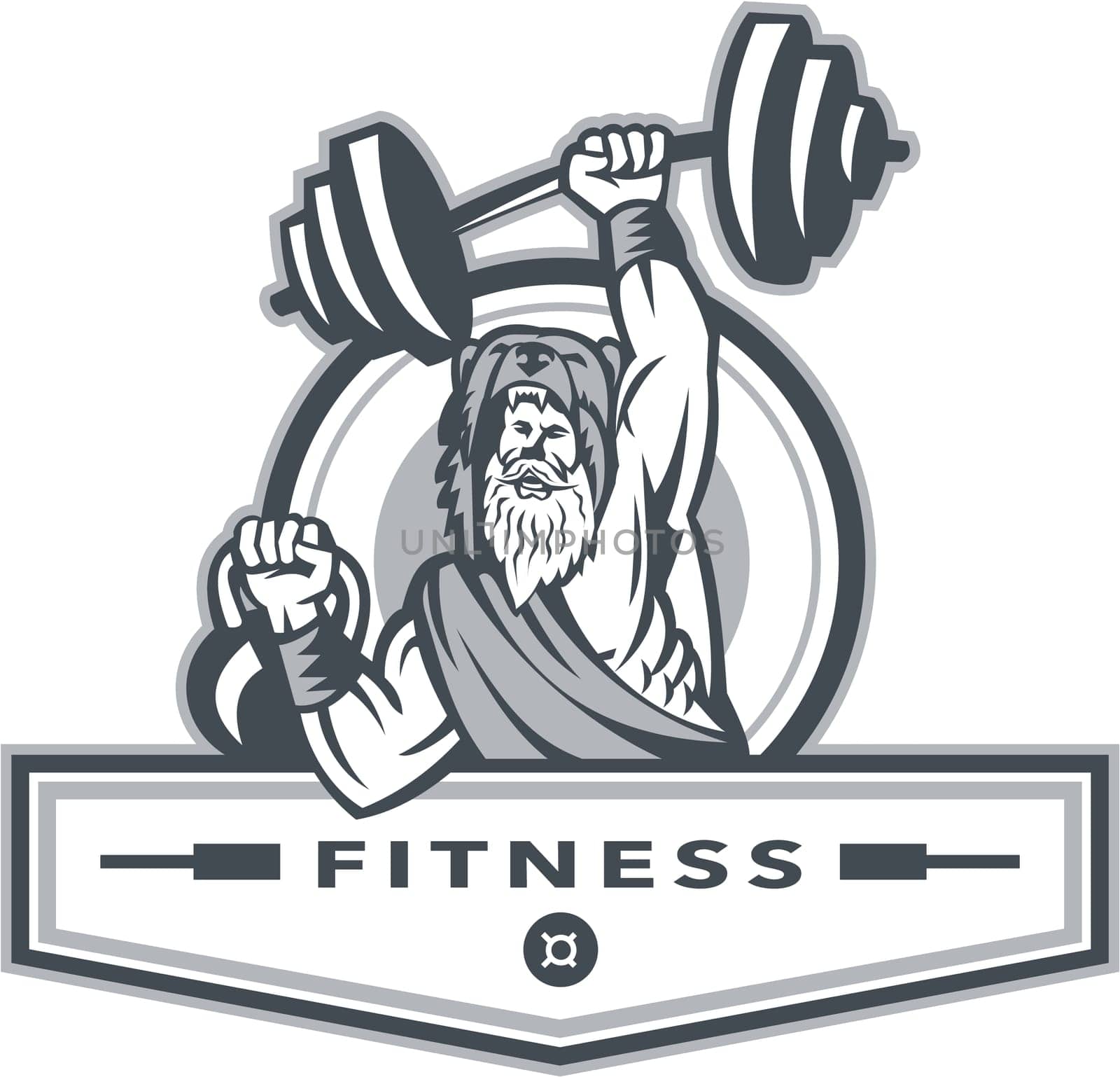 Illustration of a berserker, a champion Norse warrior wearing pelt of bear skin lifting barbell and kettlebell viewed from front set inside circle with the word text Fitness inside banner done in retro style.
