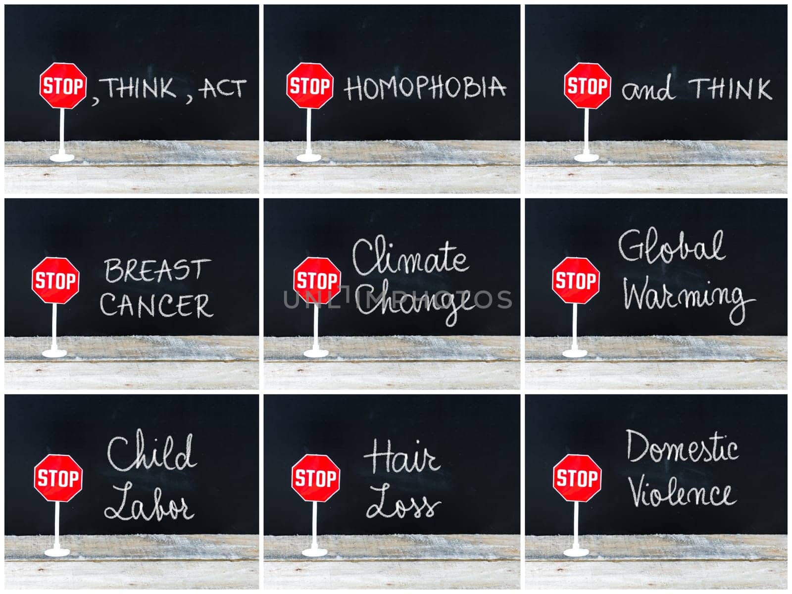 Photo collage of STOP messages written on chalkboard. Mini STOP sign over chalkboard background and table, concept images