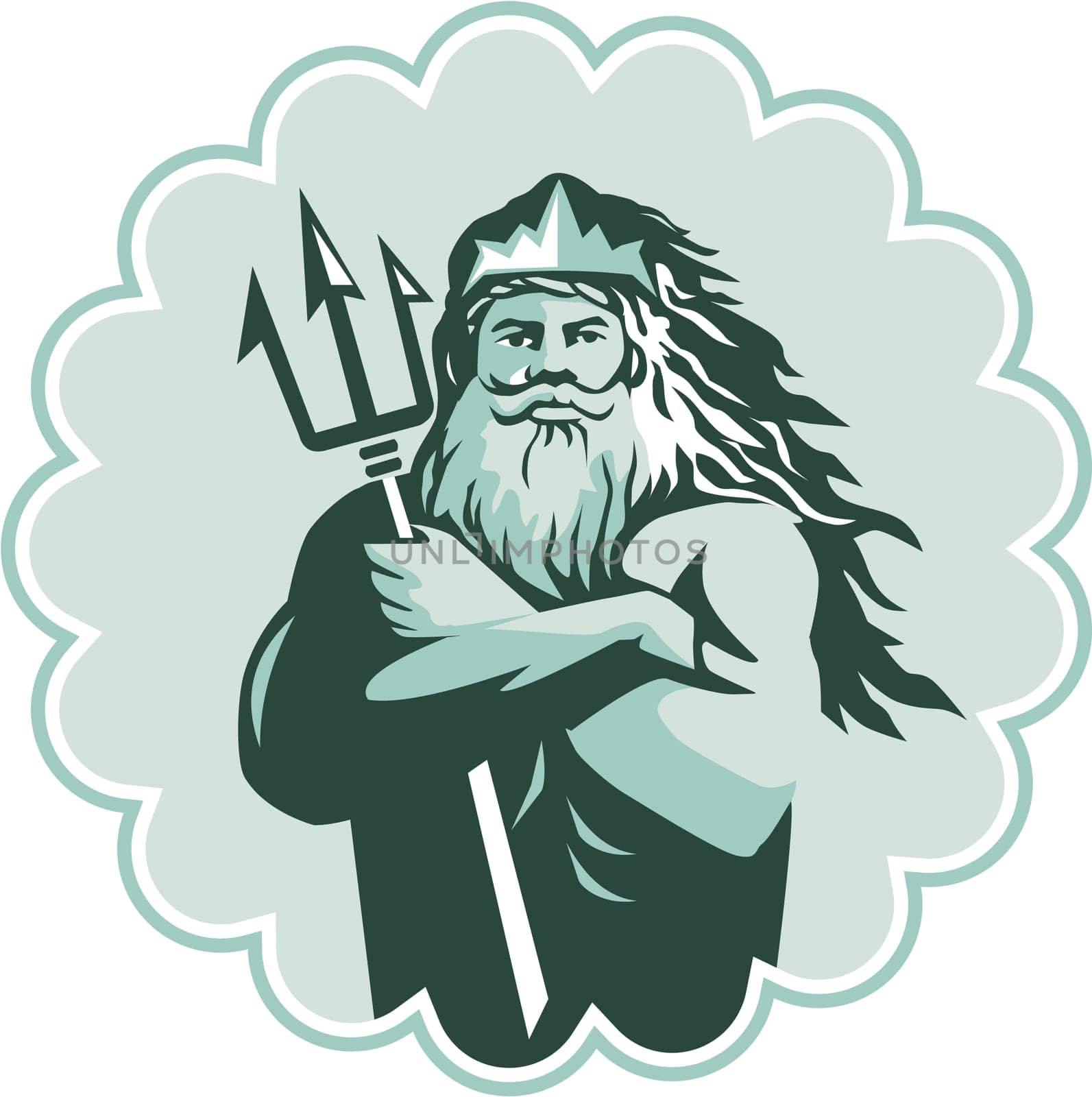 Illustration of triton mythological god arms crossed holding trident viewed from front set inside rosette on isolated background done in retro style.
