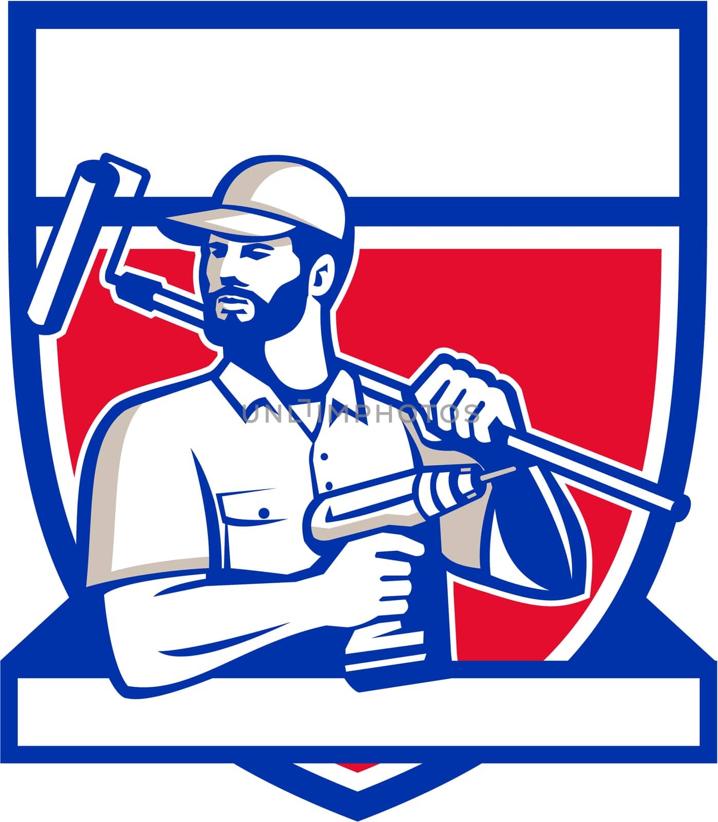 Illustration of a handyman with beard moustache facial hair holding paintroller on shoulder and cordless drill looking to the side set inside shield crest on isolated background done in retro style.