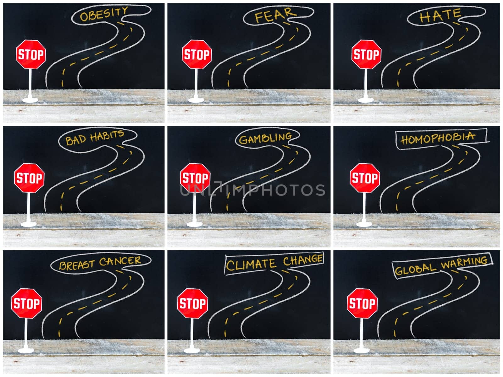 Photo collage of STOP signs on the road to OBESITY, FEAR, HATE, BAD HABITS, GAMBLING, HOMOPHOBIA, BREAST CANCER, CLIMATE CHANGE, GLOBAL WARMING. Hand drawing over chalkboard