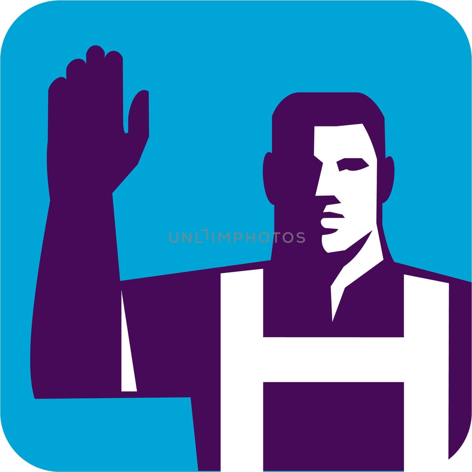Illustration of a worker raising right arm to vote viewed from front set inside square shape done in retro style.