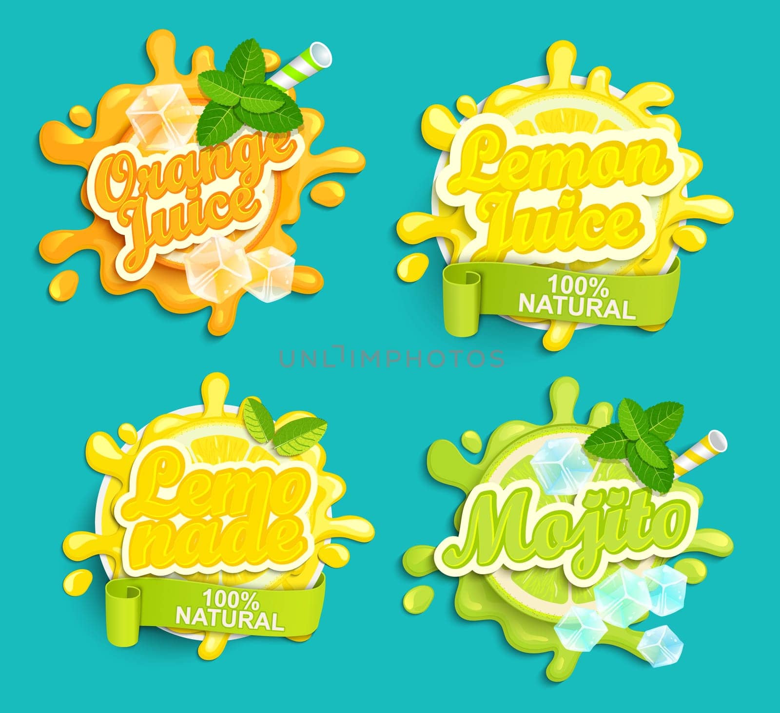 Set of Lemonade, orange, lemon juice, mojito labels splash. Lettering, splash and blot design, shape creative vector illustration.