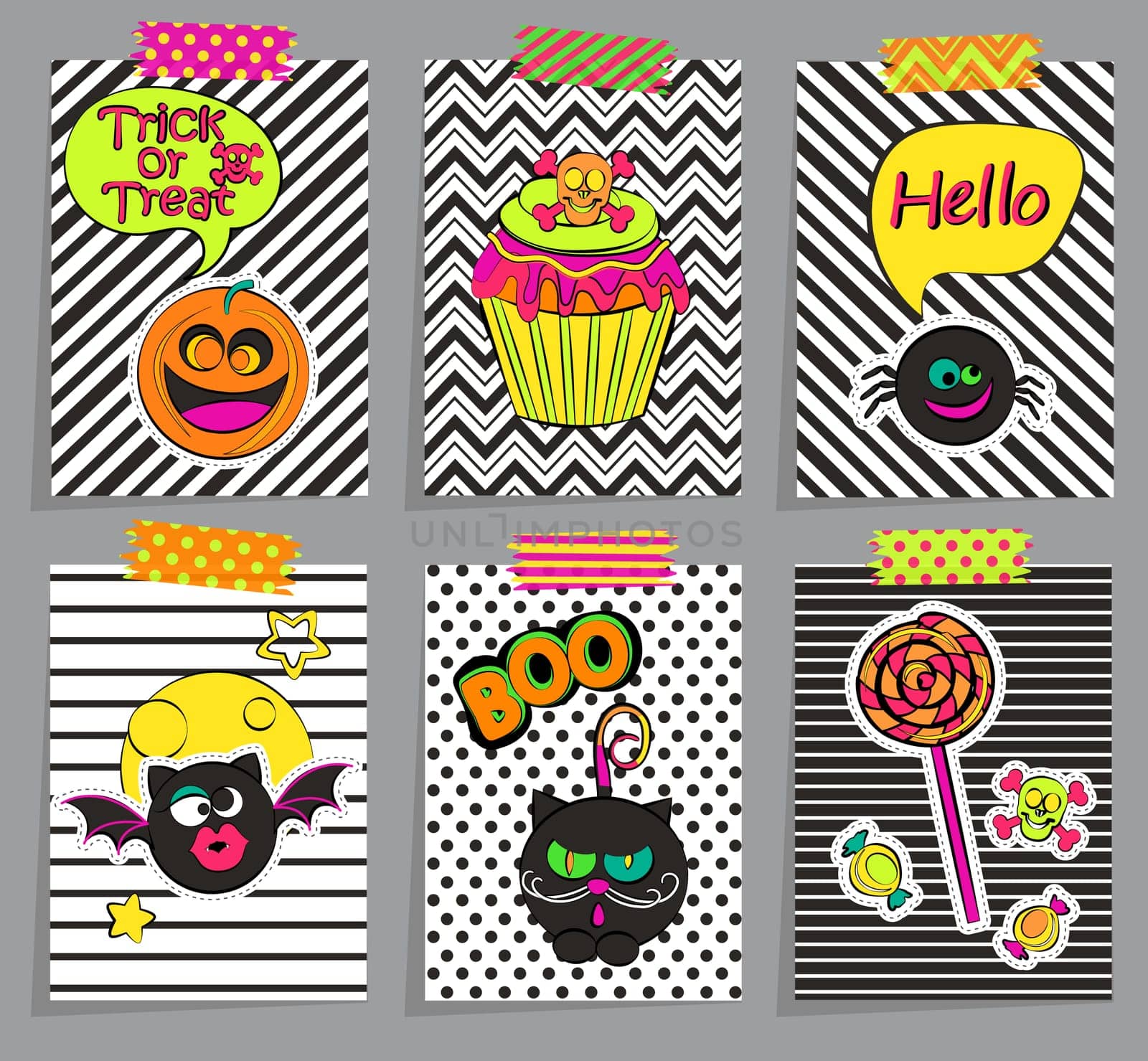 Set of stylish halloween cards, sticers, posters, icons, pins, patches in comic cartoon style on geometric background. Vector illustration.