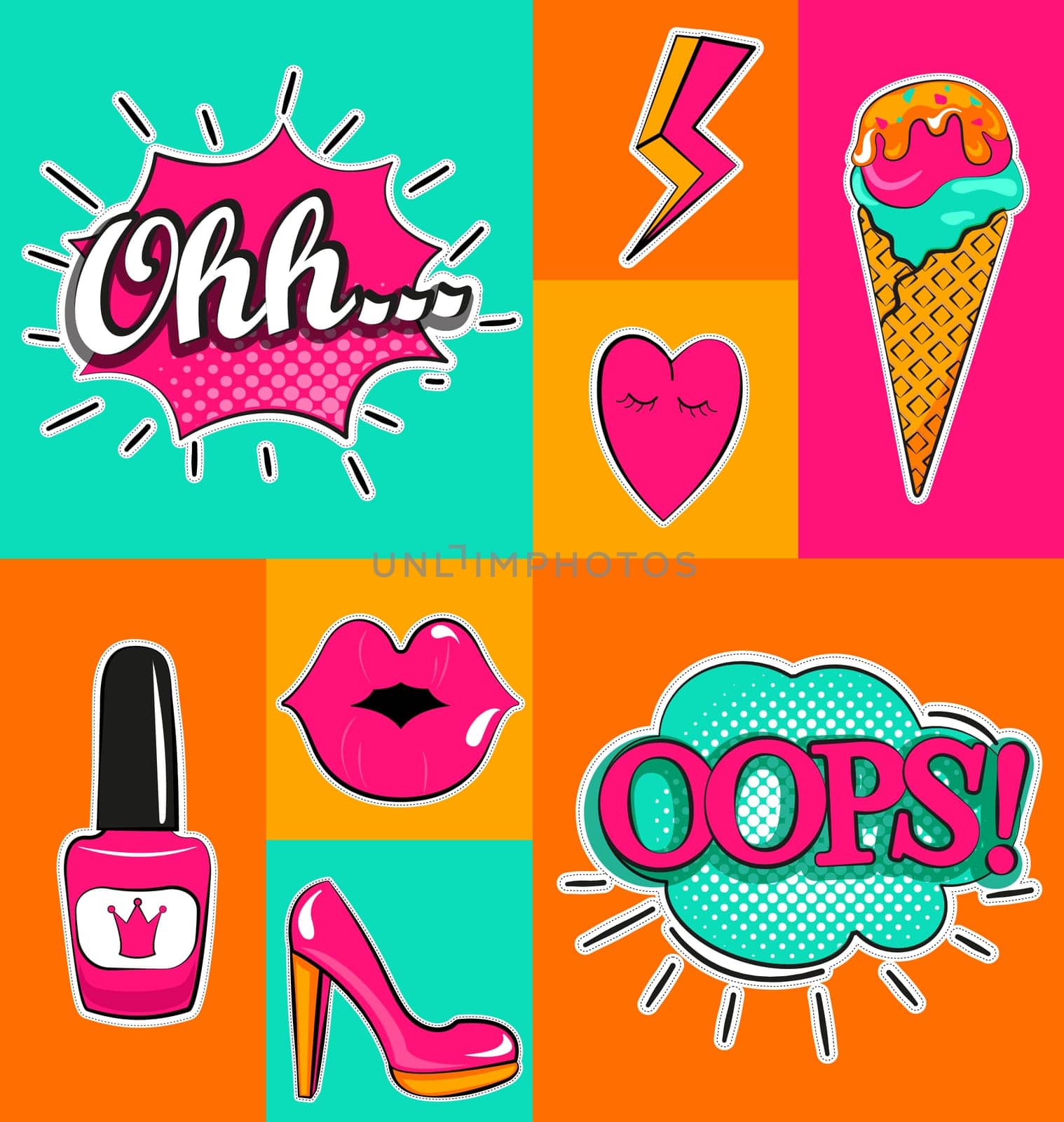 Fashion patch badges with lips, hearts, speech bubbles and other elements. Set of fashion stickers, icons, pins, patches in cartoon 80s-90s comic cartoon style. Vector illustration.