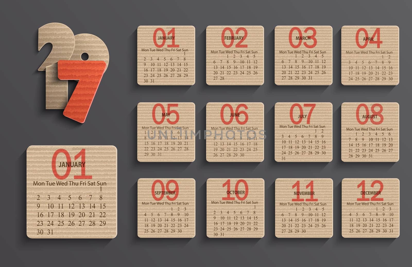 Modern calendar 2017 in a paper official style. Cardboard Calendar Design. Vector illustration.