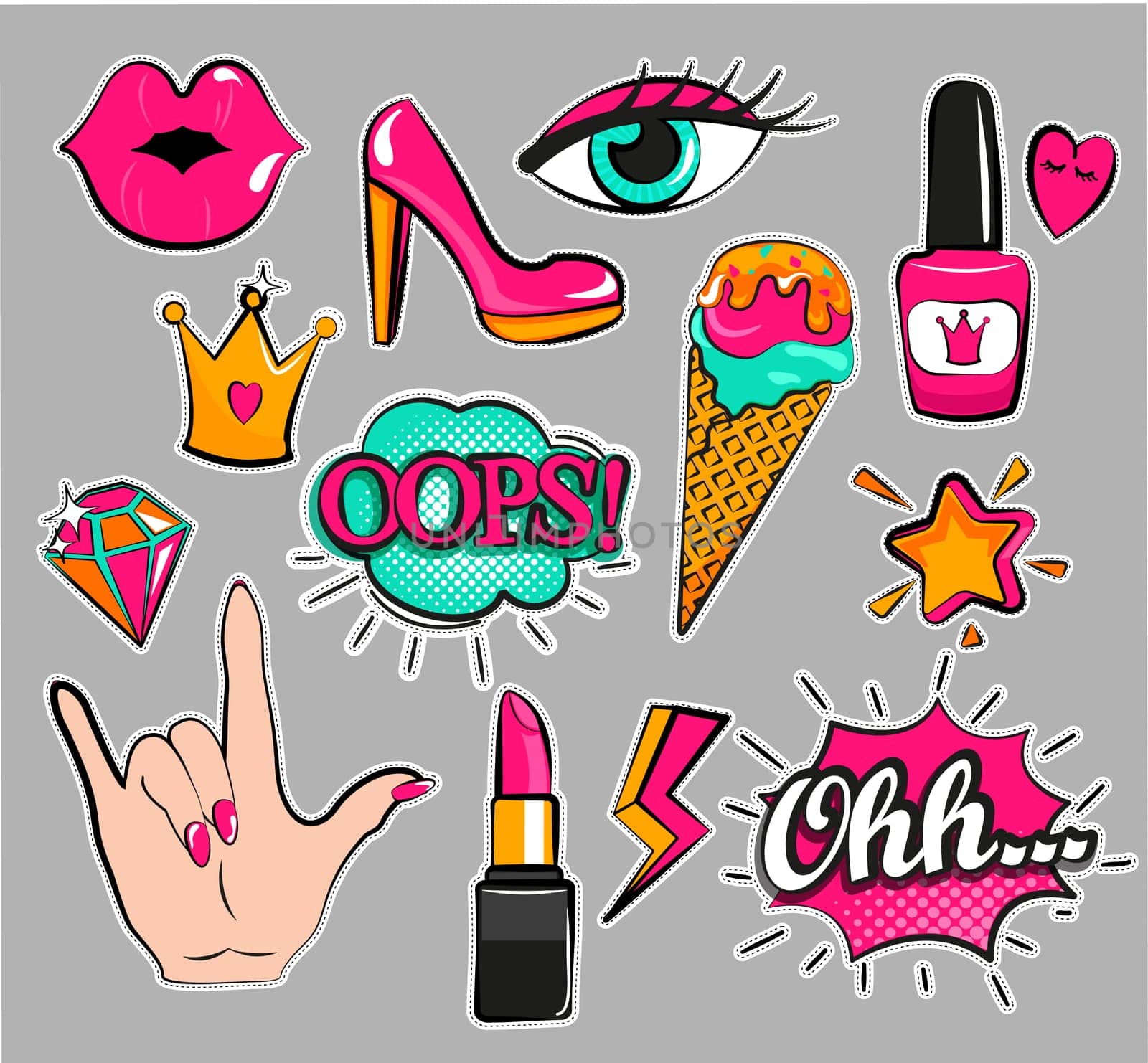 Fashion patch badges with lips, hearts, speech bubbles and other elements. Set of fashion stickers, icons, pins, patches in cartoon 80s-90s comic cartoon style. Vector illustration.