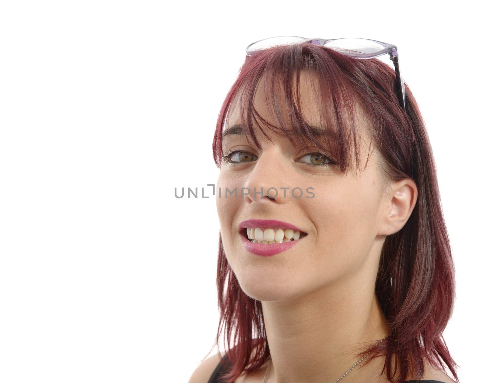 portrait of beautiful young woman with red hairs, white background