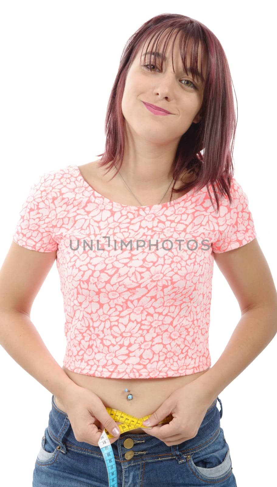 young woman measuring her waist on white background