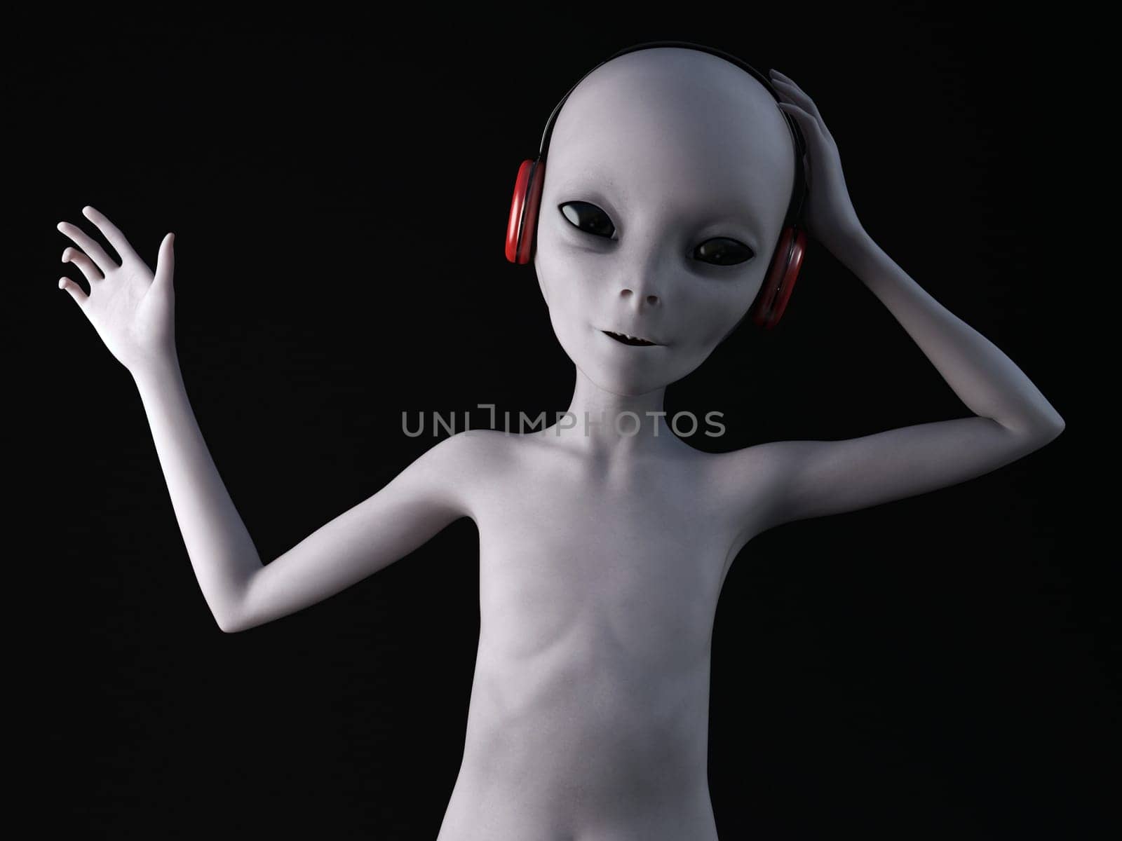 An alien from outer space listening to music in the headphones he's wearing, 3D rendering. Black background.