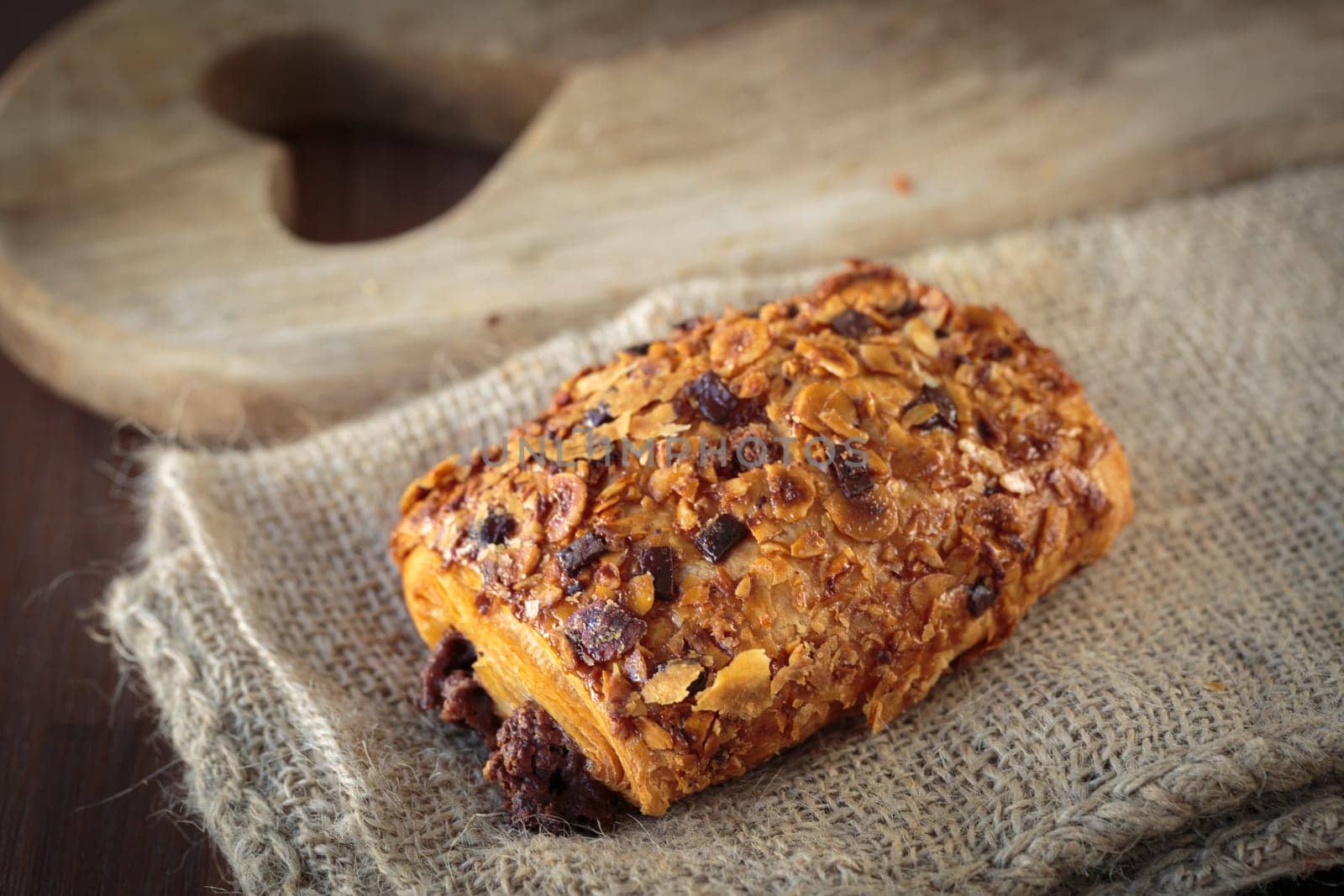 Delicious french chocolate bread pastries with toasted almond chips