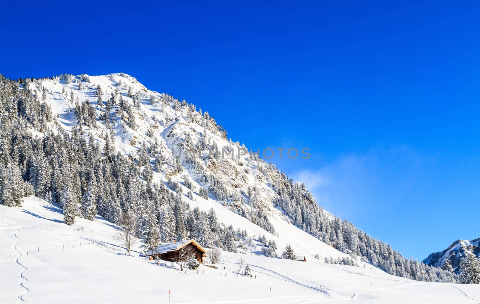 The hut in the mountains. Switzerland,winter landscape.