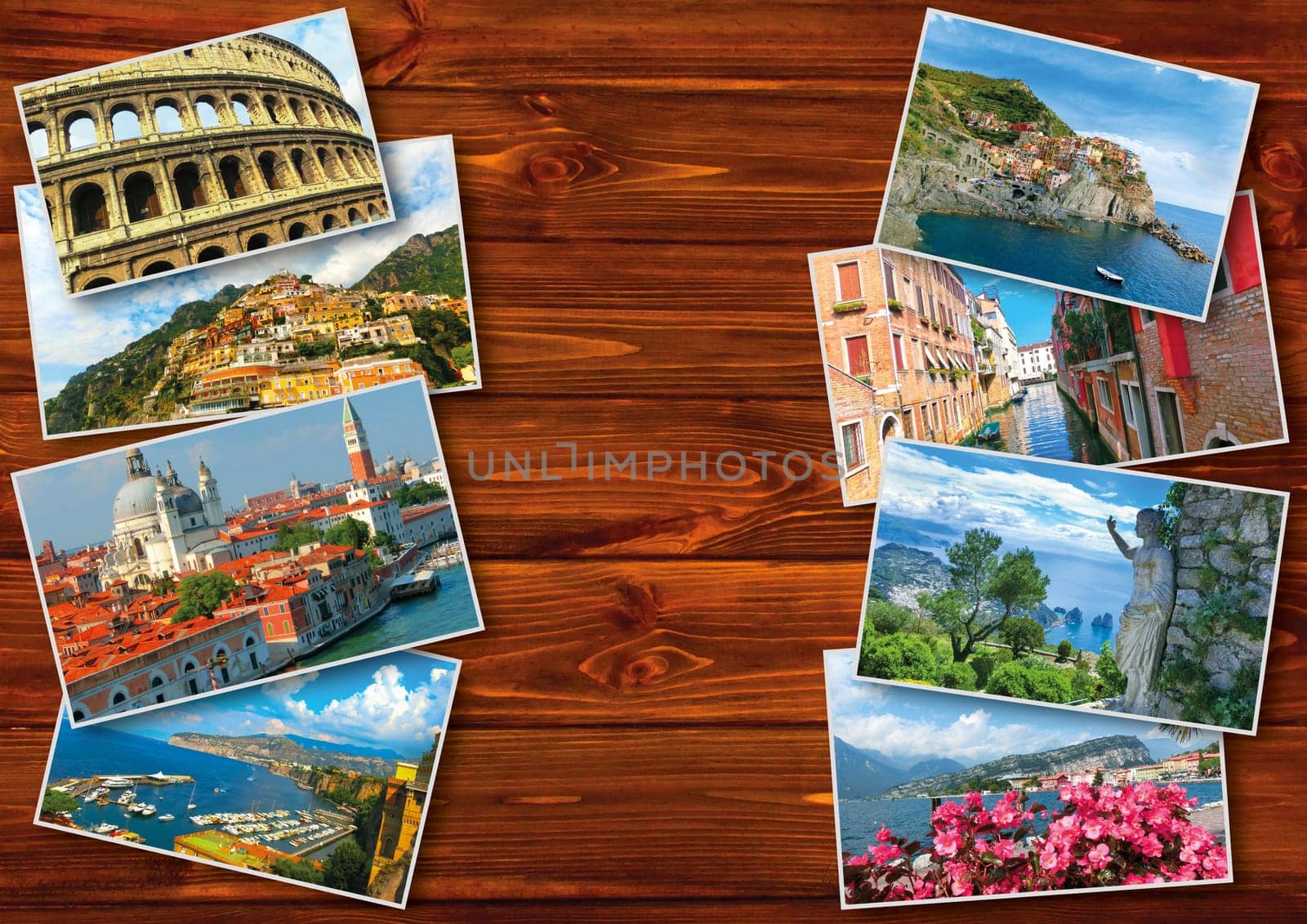 The collage from photos of Italy on wooden background