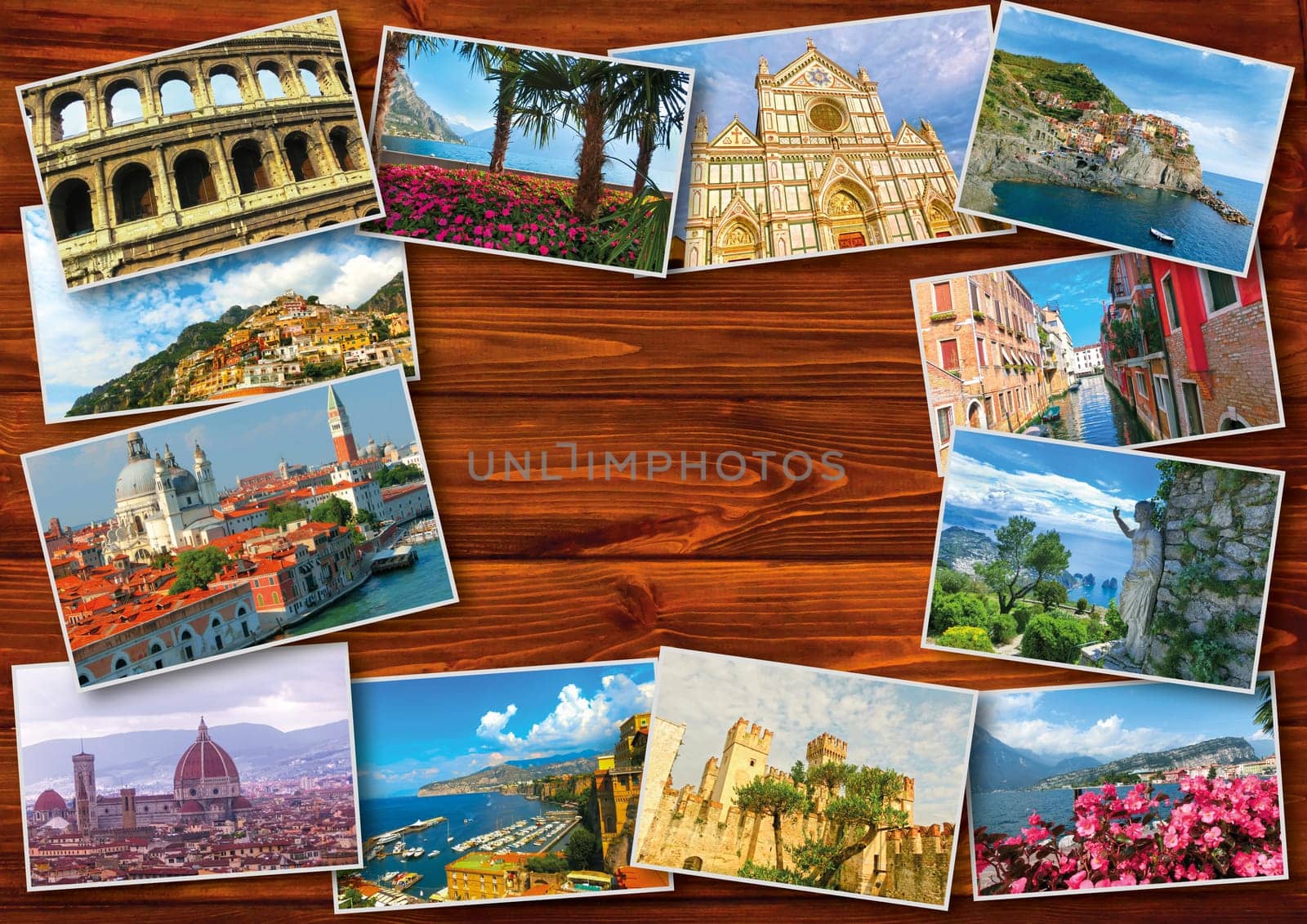 The collage from photos of Italy on wooden background