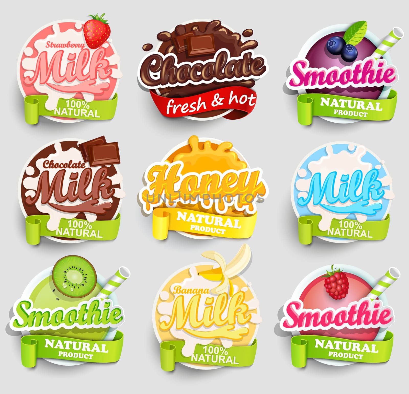 Set of chocolate, banana, strawberry milk, smoothie and honey labels splash. Lettering, splash and blot design, shape creative vector illustration.