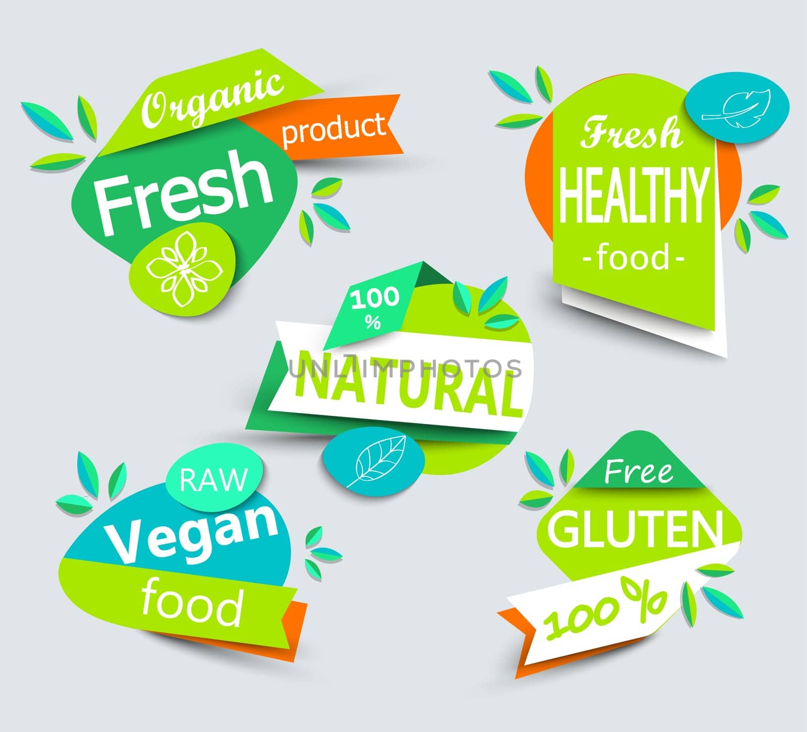 Modern vector set of healthy organic food labels, tags, emblems, logo for meal and drink,cafe, restaurants and organic products packaging.Vector illustrated.
