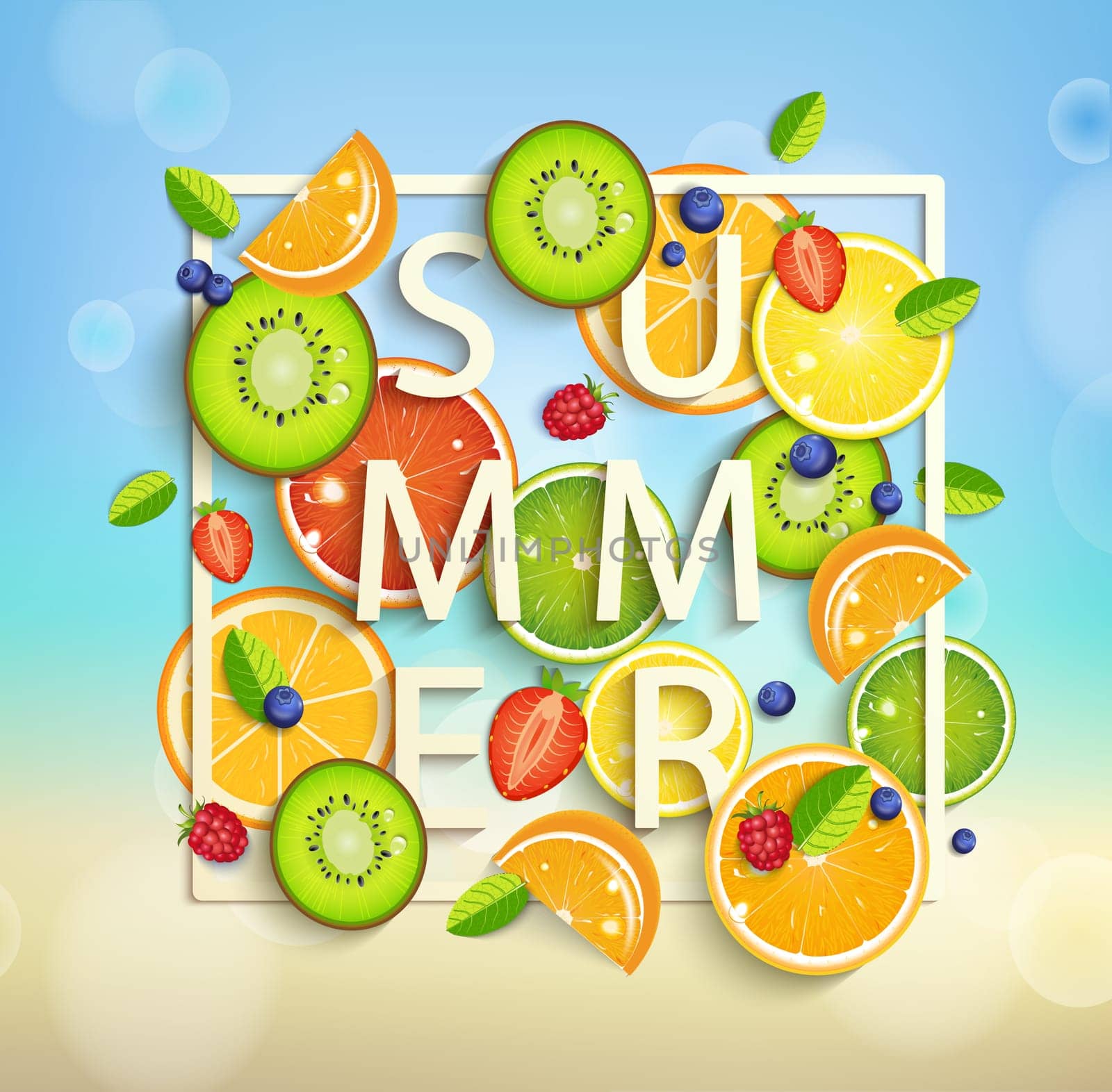 Summer background with tropical fruits and berries, square frame and the lettering summer. Vector illustration.