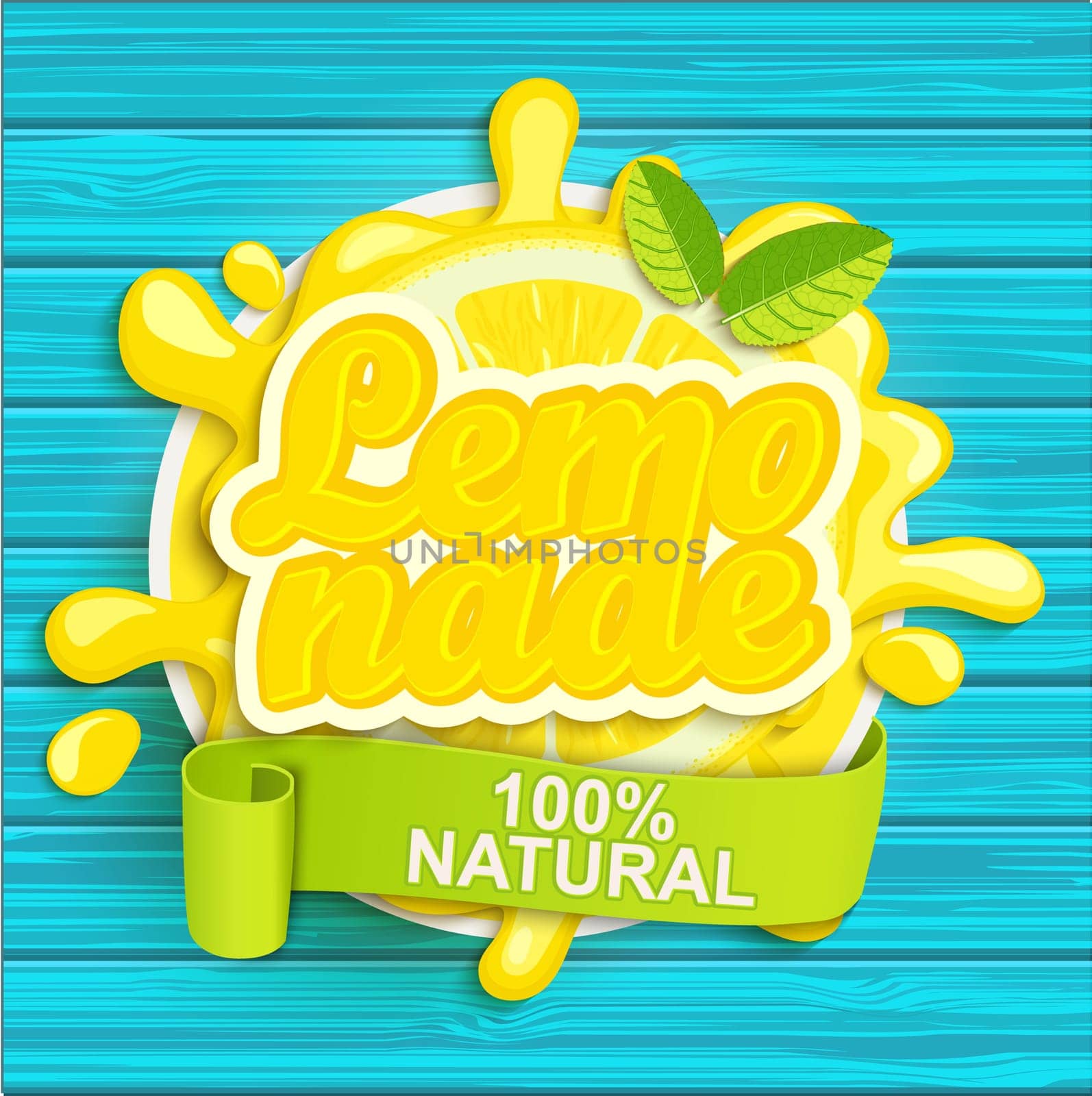 Lemonade label splash. Blot and lettering with ribbon on white background. Splash and blot design, shape creative vector illustration.