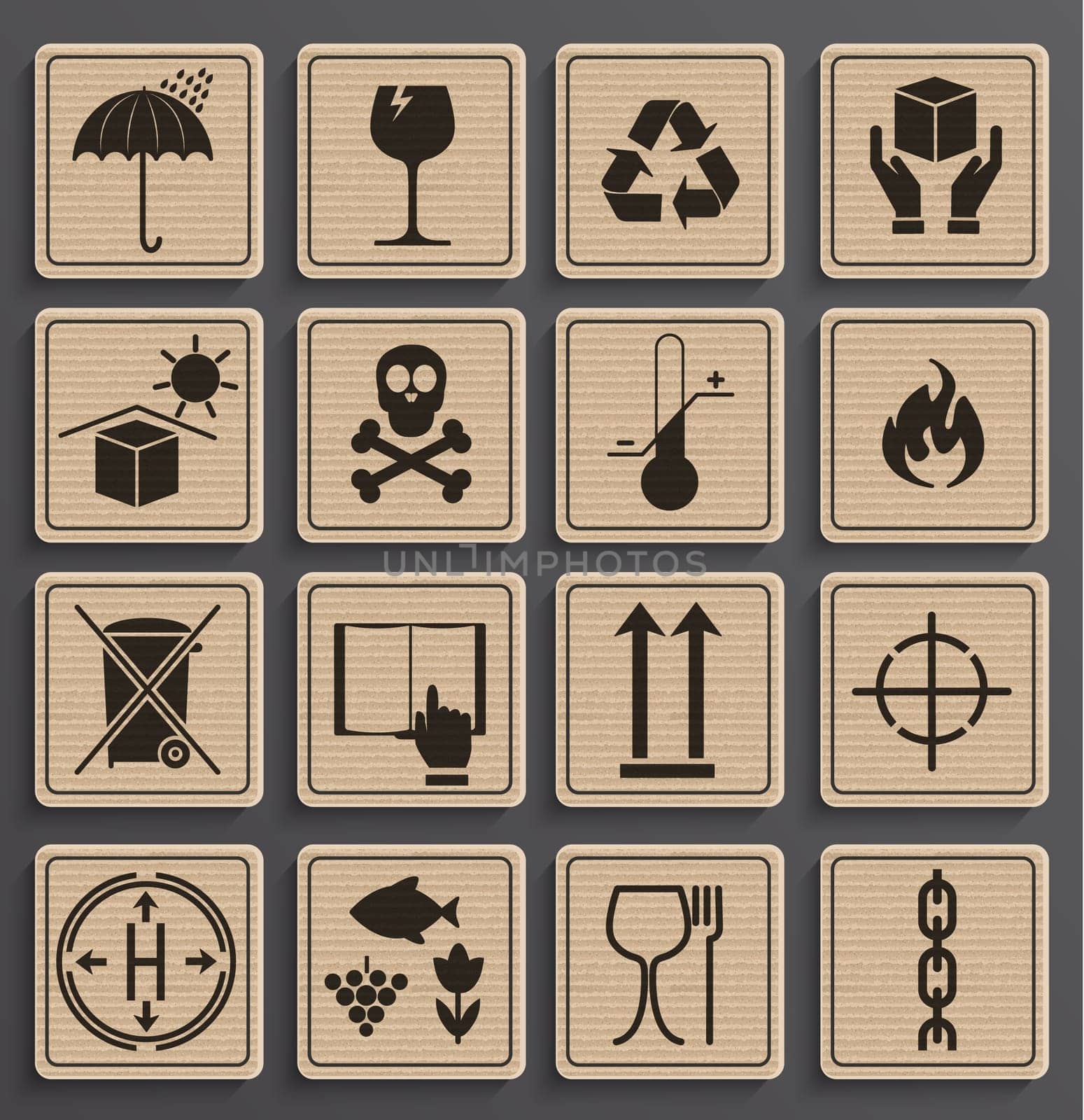 Set Of Packaging Symbols in a paper official style. Icon set including waste recycling, fragile, this side up, handle with care, keep dry and other caution handling symbols. Vector illustration.