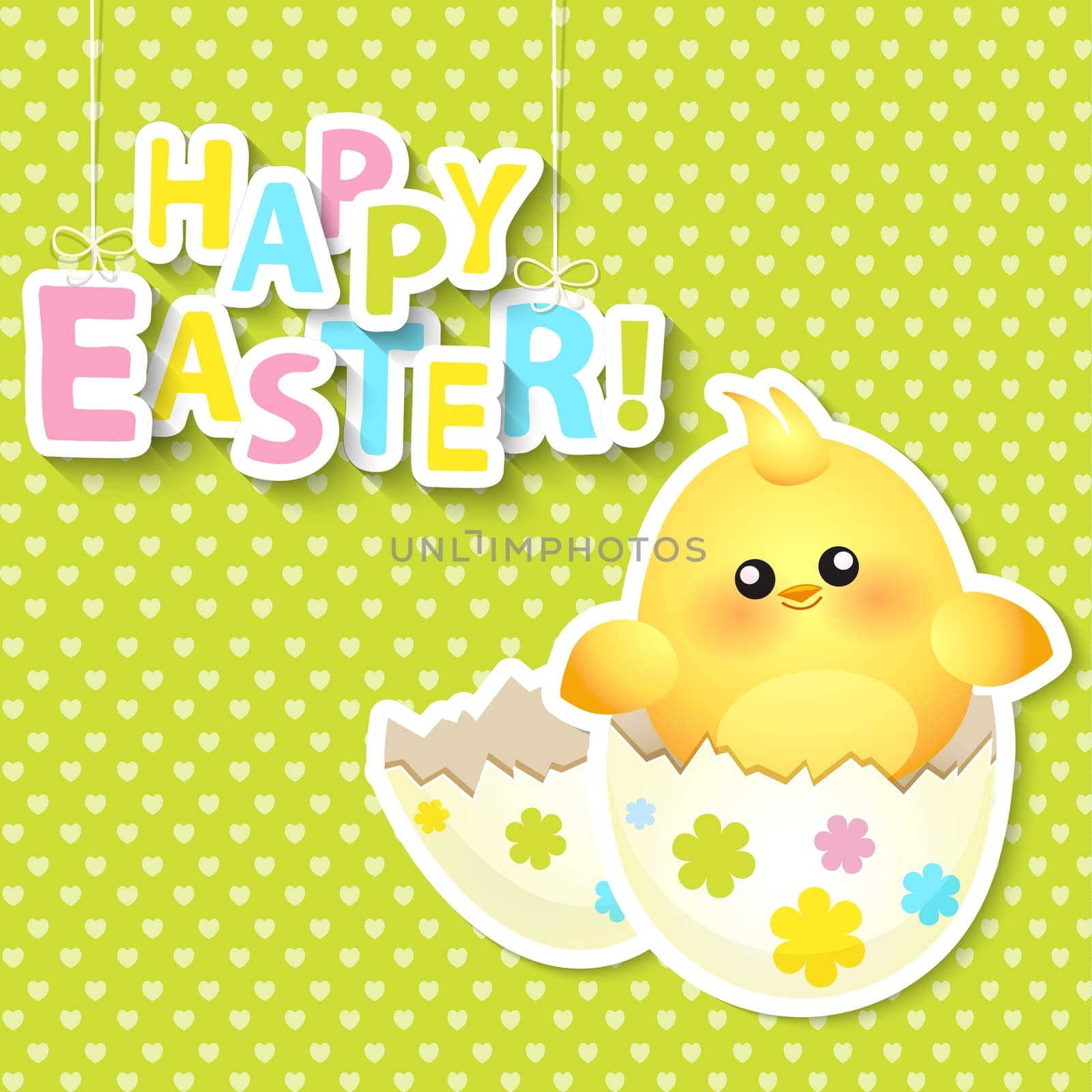 Happy Easter Greeting Card with Cartoon Egg and chicken on the colorful background, vector.