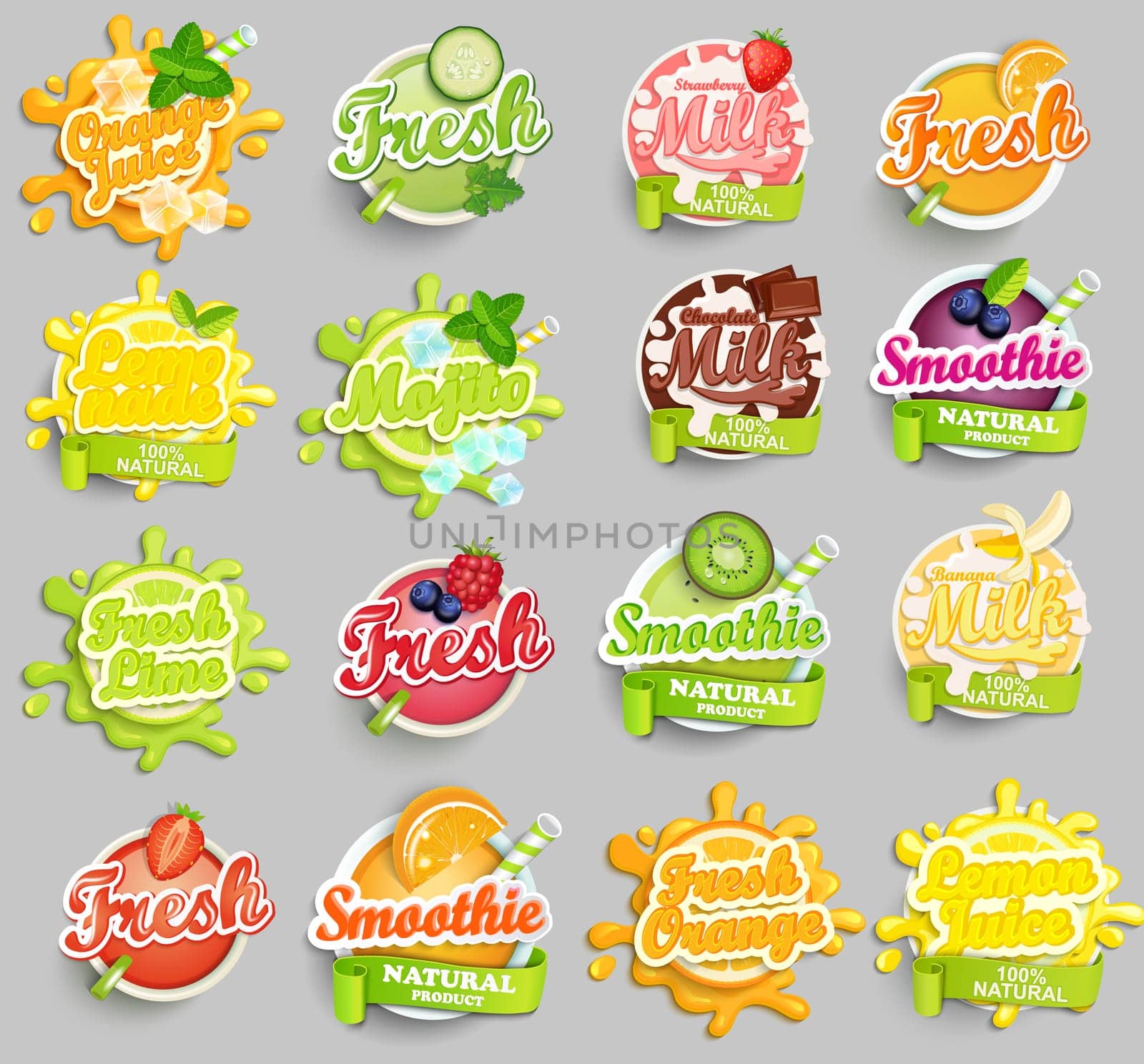 Big set of chocolate, banana, strawberry milk, orange, lemon, lime juece,smoothie and fresh labels splash. Lettering, splash and blot design, shape creative vector illustration.