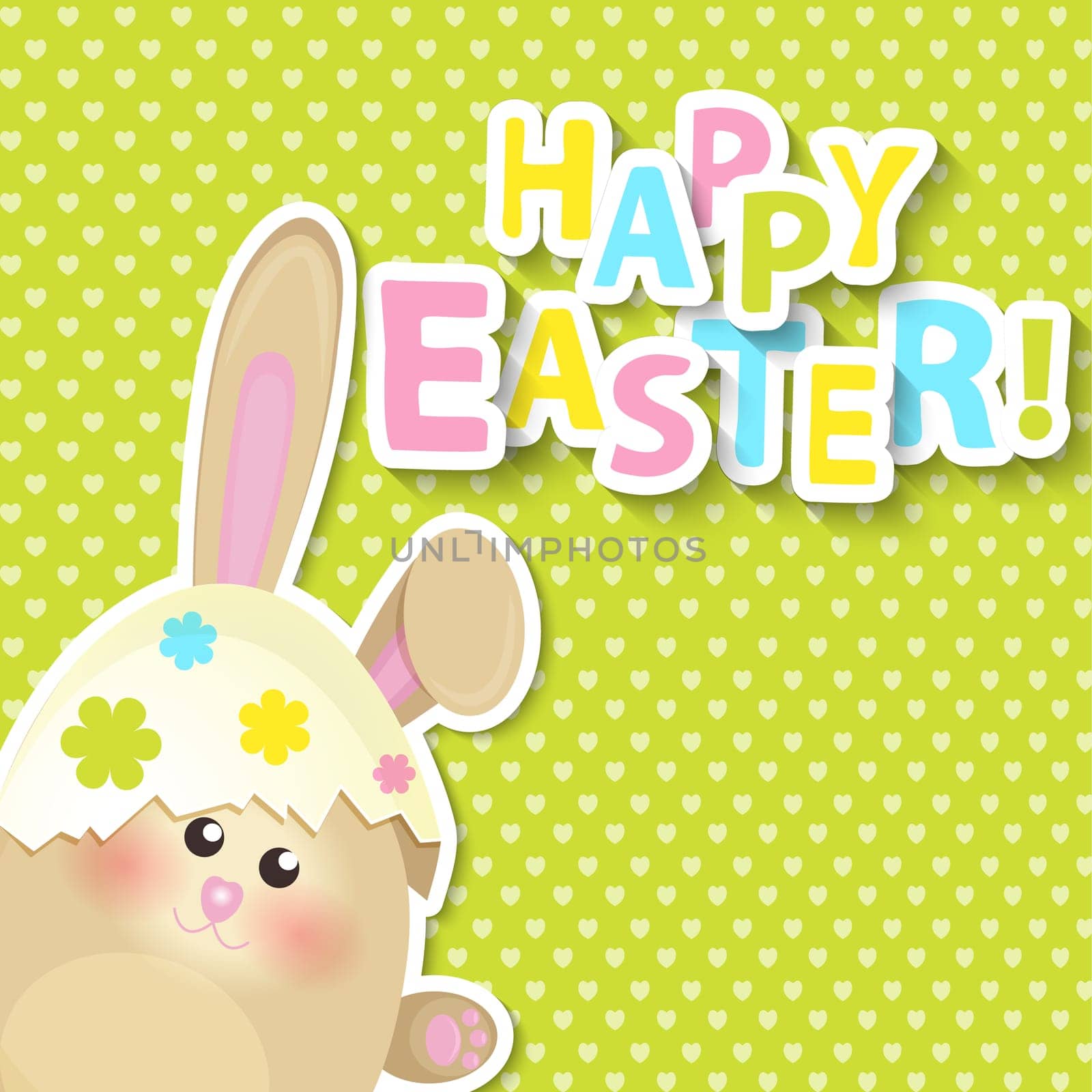 Greeting card for happy easter with Cartoon Egg and rabbit on the colorful background, vector.